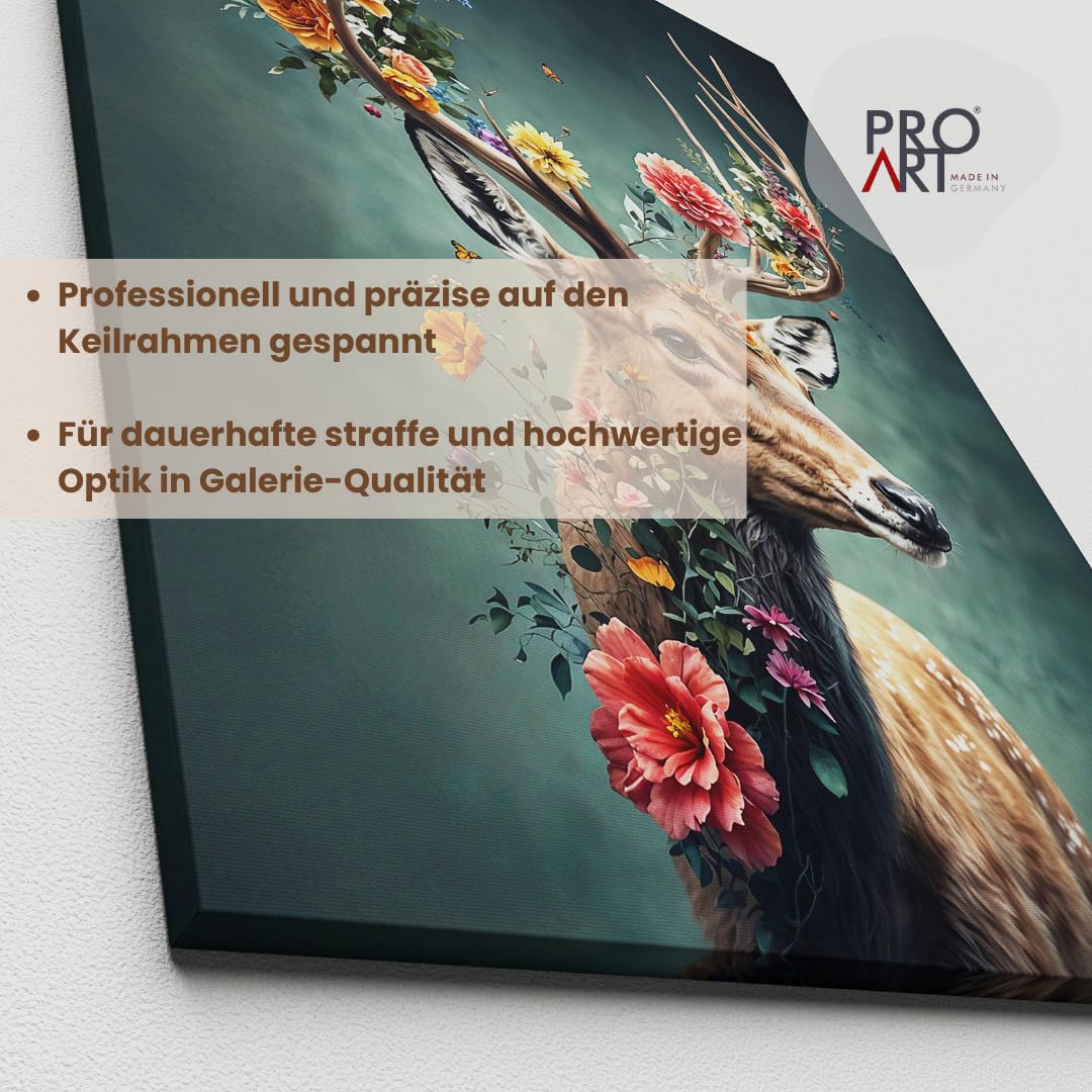 Pro-Art Leinwand Bilder Hirsch mit Blumen Groß 60x80 cm Bild Wohnzimmer Bild modern Deko Wandbilder Schlafzimmer Tiere