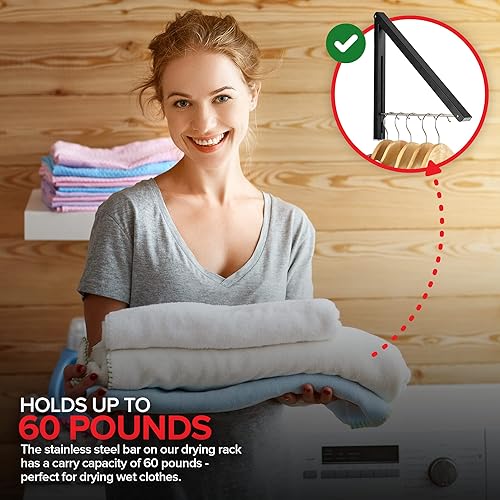 Miniatura 5 de Stock Your Home Perchero plegable individual, colgador de ropa retráctil montado en la pared para cuarto de secadora de lavandería, barra de secado