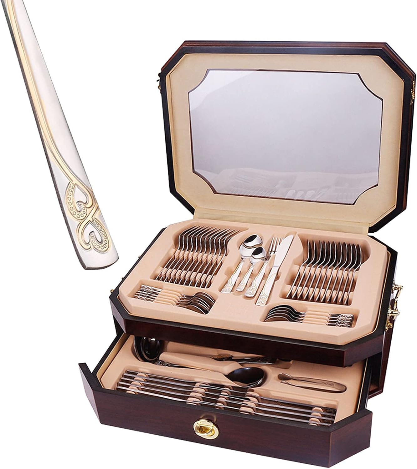 FZYE Cubiertos Juego de Cubiertos para 12 Personas, Acero Inoxidable, con Exquisito Tallado y Caja de Madera, vajilla, vajilla Incluye Cuchillo, Tenedor, Cuchara para hogar, Hotel, Rest