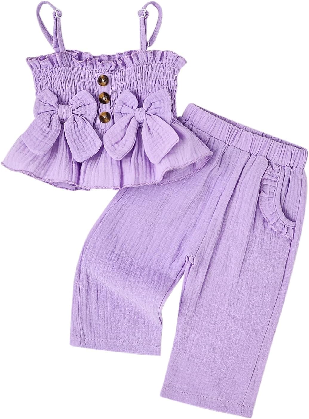 Aenbilo Toddler Baby Girl Clothes Summer Outfits Cute Bow Button Ruffle Camisole Pants Set 9-36 Months