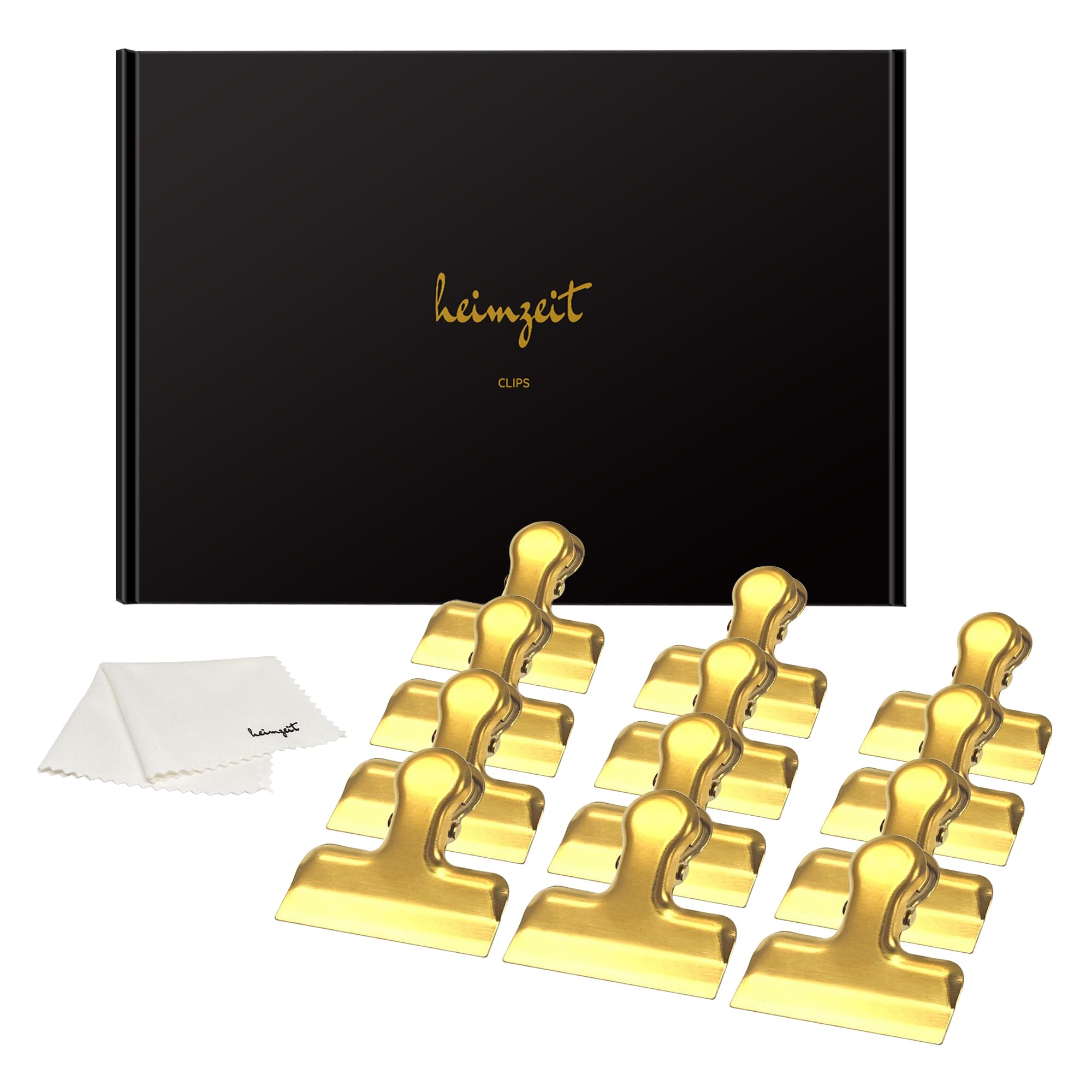 heimzeit Design Metal Clips for Food Bags, Bags and Documents Made of Stainless Steel, Gold [12 Pieces, 40 x 15 x 15 mm] Coloured Clamps, Strong Spring Force
