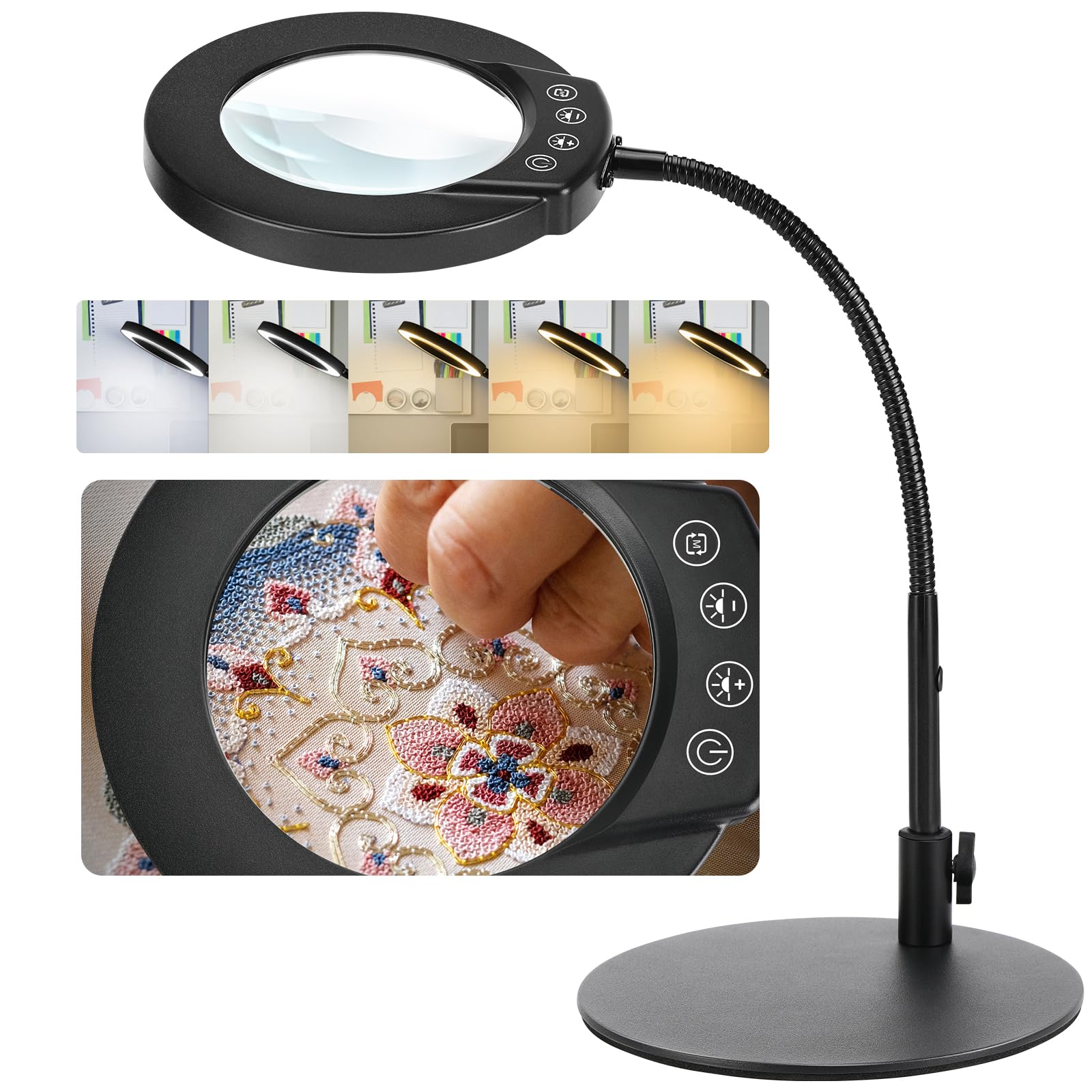 Lampe Loupe sur Pied 10X, 5 Modes de Couleur, Loupe Éclairée à Intensité Variable avec Support