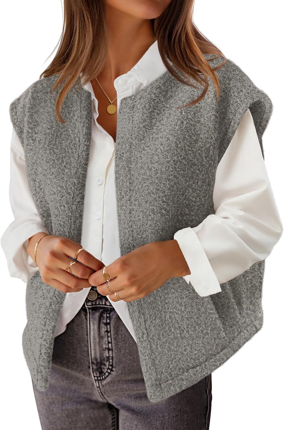 MEROKEETY Women's Sleeveless Sherpa Lined Vest 2026 Oversized Outerwear with Pockets