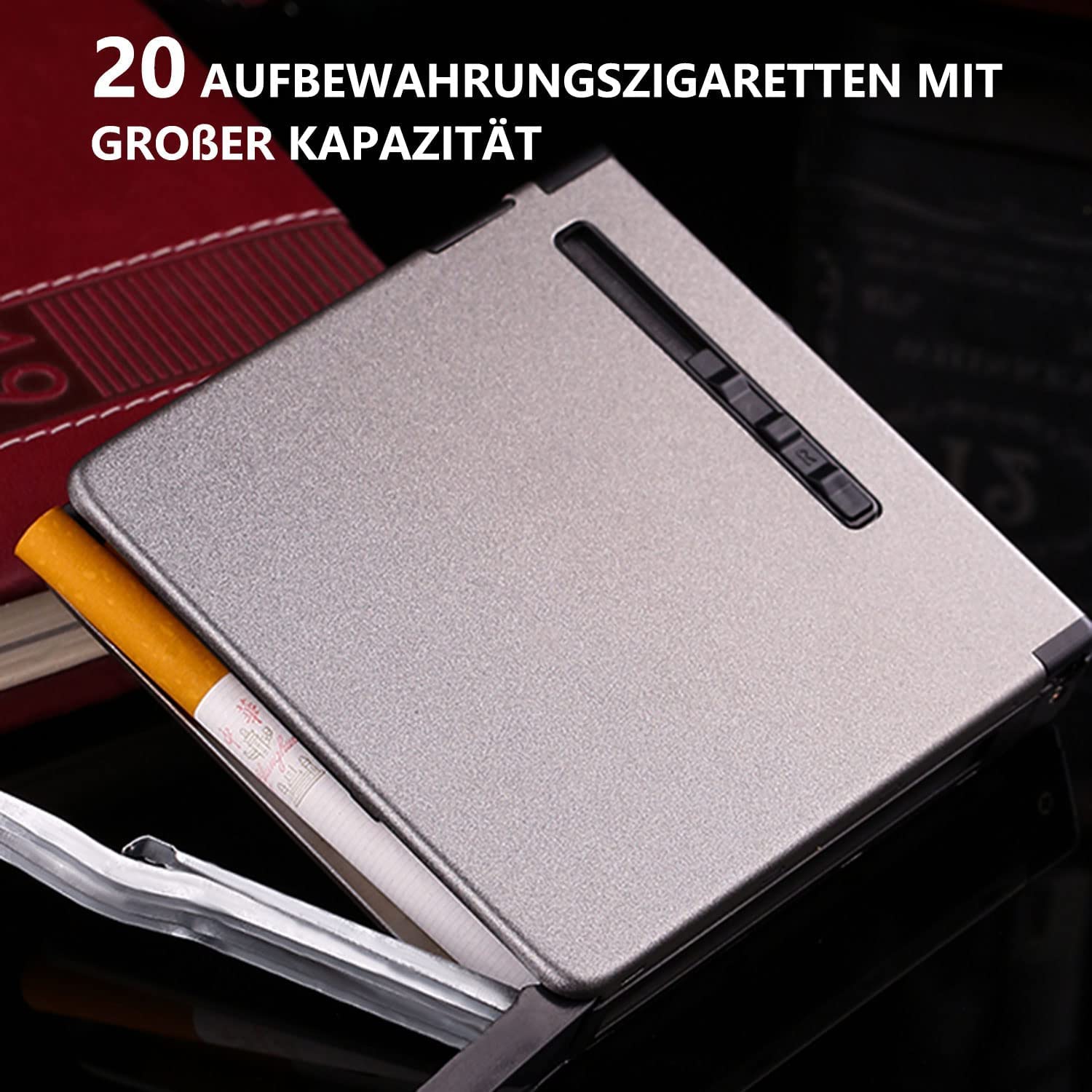 CAM2 Papierośnica z zapalniczką, automatyczny wyrzut, mieści 20 papierosów, eleganckie wzornictwo, zapalniczka elektroniczna, ładowana
