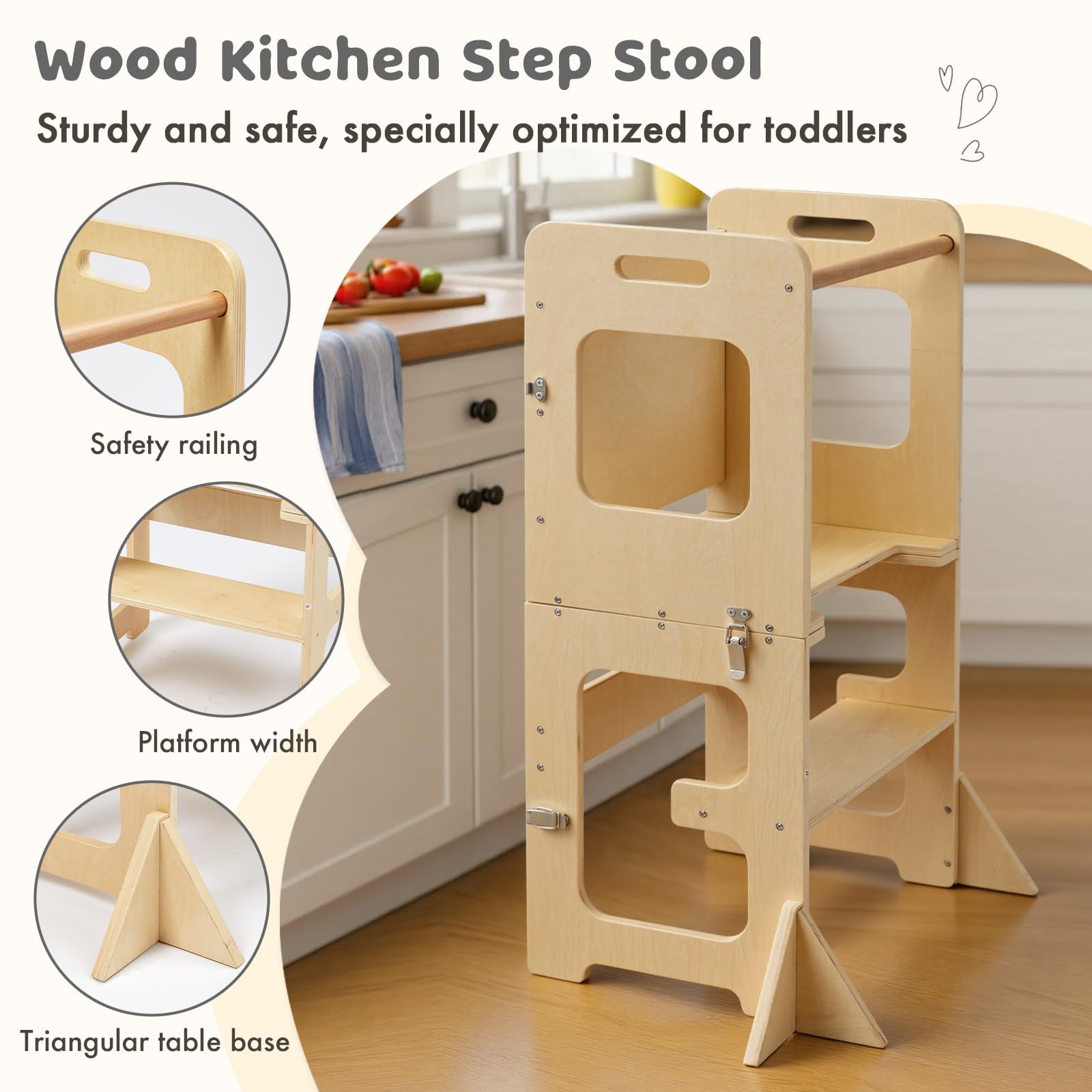 Labebe Lernturm für Kinder, Faltbarer Montessori Learning Tower, 3 in 1 Tritthocker Lernstuhl Kinderhocker mit Tafel, Montessori Küchenhelfer Lernturm ab 18 Monate (Holz)