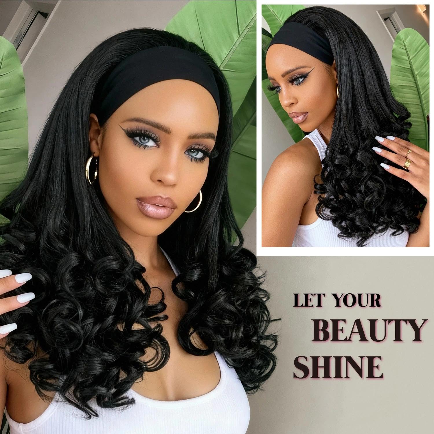 Yaki Straight Headband Wig with Curly Ends for Black Women,Synthetic Glueless Wear and Go Headband Wig,Natural Yaki Texture,20 Inch(Salt and Pepper Gray)