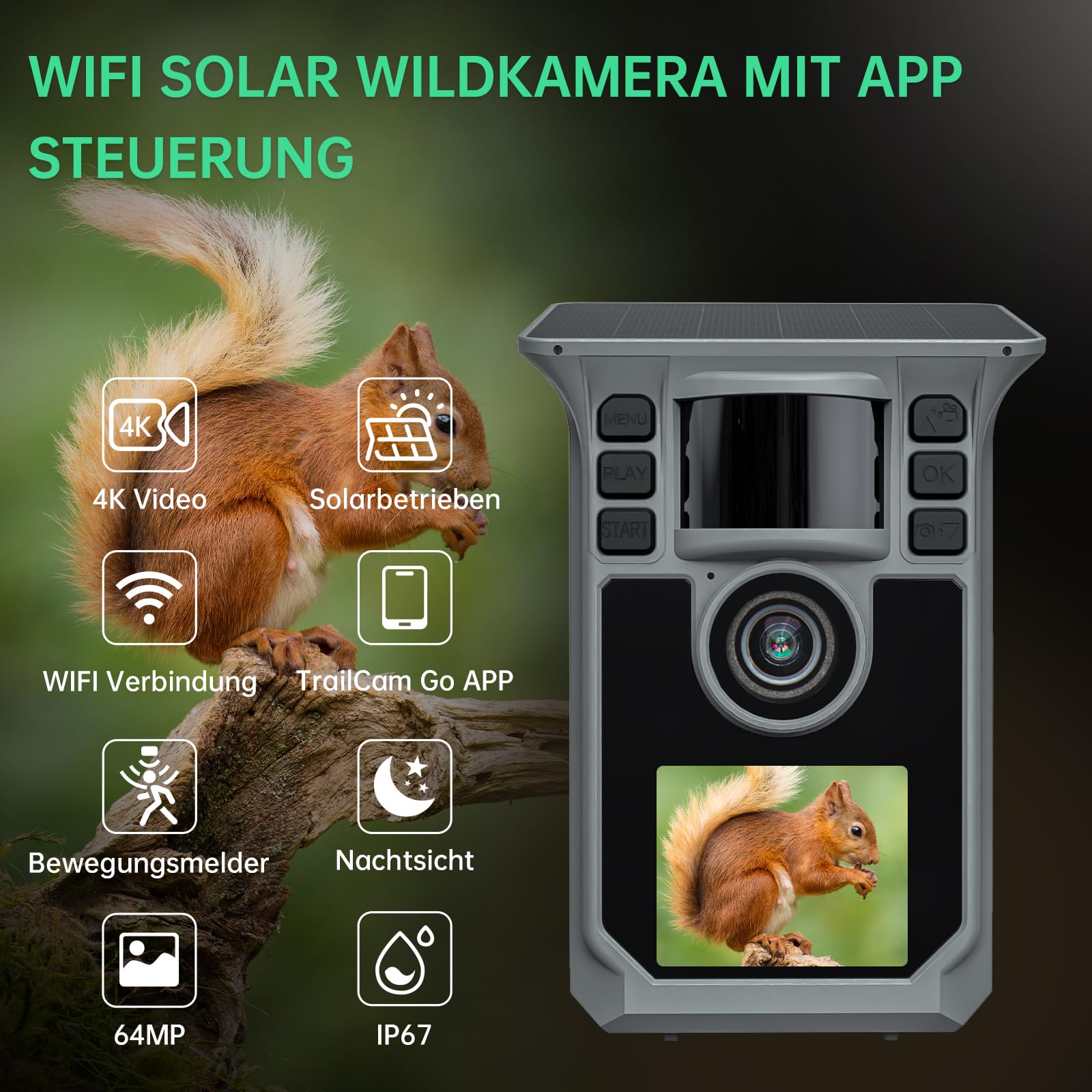 Wildkamera mit Handyübertragung APP, 4K 64MP Solar WLAN Bluetooth Eingebaute 5000mAh, 64GB Speicherkarte, Wildkamera mit Bewegungsmelder Nachtsicht, IP67 Wasserdicht 130°Weitwinkel（Grau）