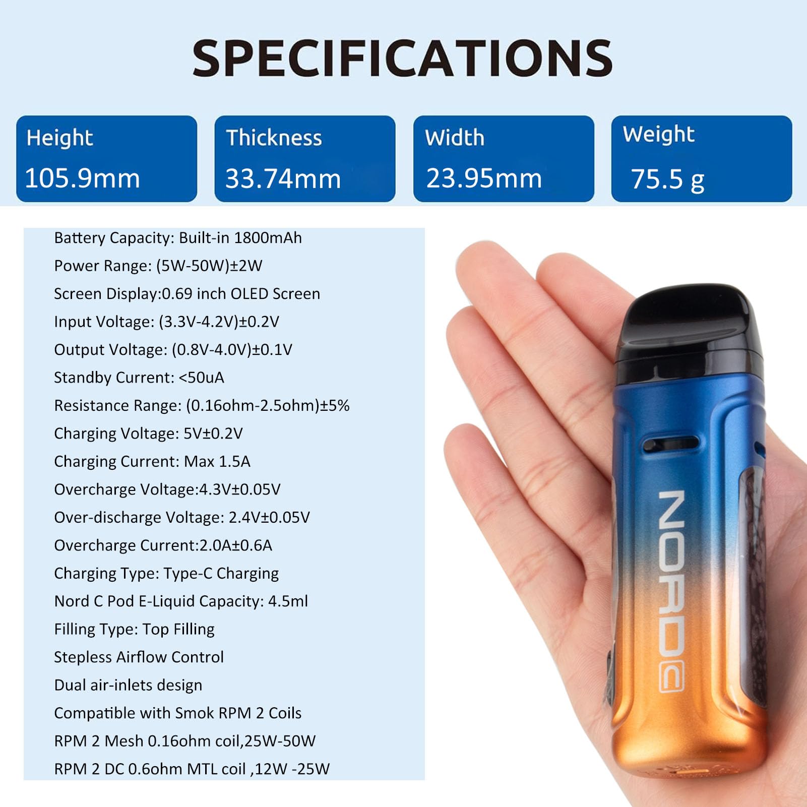 SMOK Nord C Kit | Original SMOK Nord C Pod Kit Built in 1800mAh Battery 50W  Vape with 4.5ml Empty Nord C Cartridge fit RPM 2 Coil Electronic Cigarette  No Nicotine :