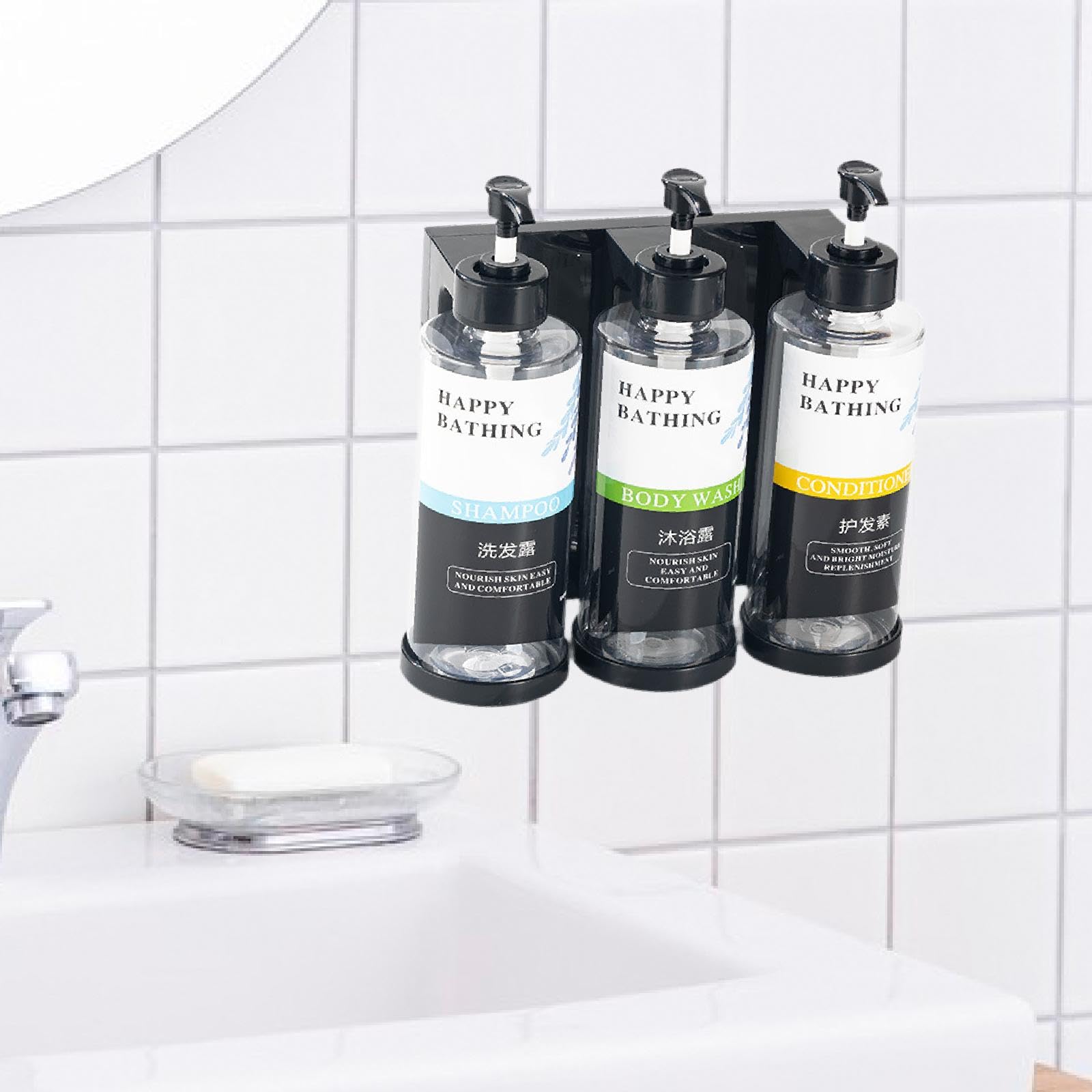 Dispensador de Jabón Líquido para Ducha con Botella Recargable Bomba Loción y Recipiente Apariencia Elegante Adecuado para Baño Hogar Oficina Cocina, 3 Ranuras claras, Individual