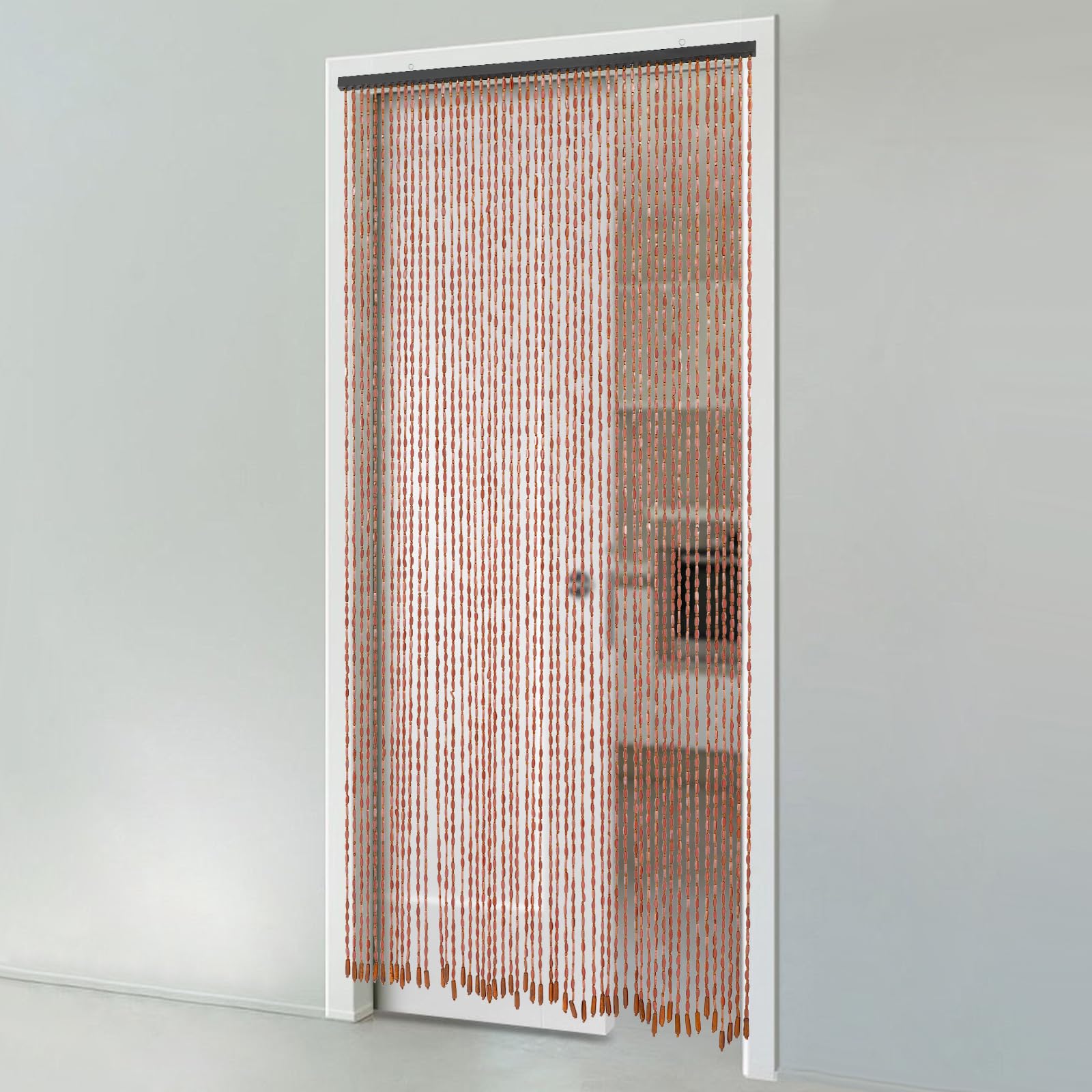 Rideau de perles en bois 90 x 200 cm - 52 brins - Style rétro - Fabriqué à la main - Naturel - Idéal comme moustiquaire pour chambre à coucher, caravane, camping (café)