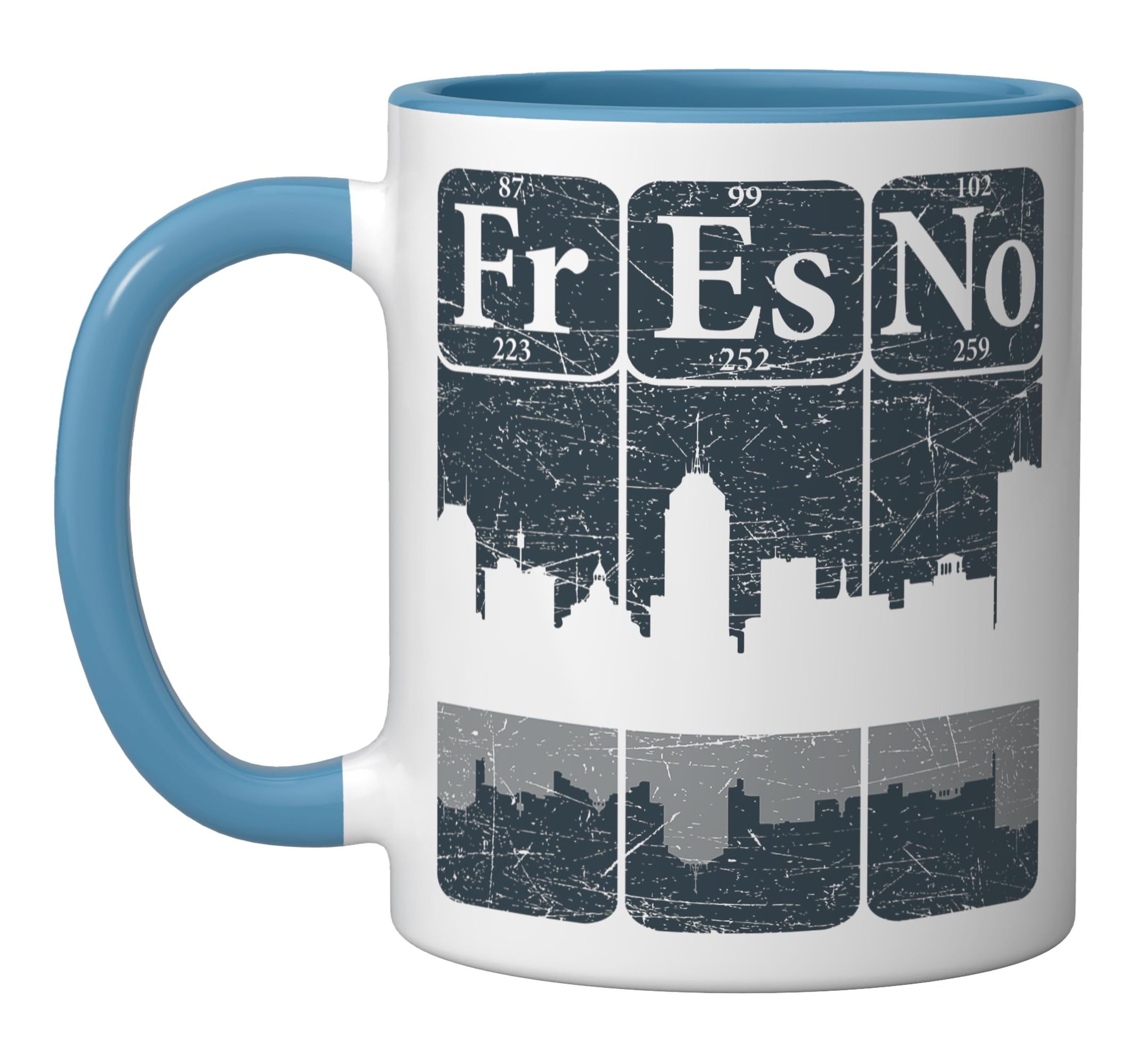 Fresno Periodic Table Elements Fresno California Skyline Ceramic Mug, Blue/White