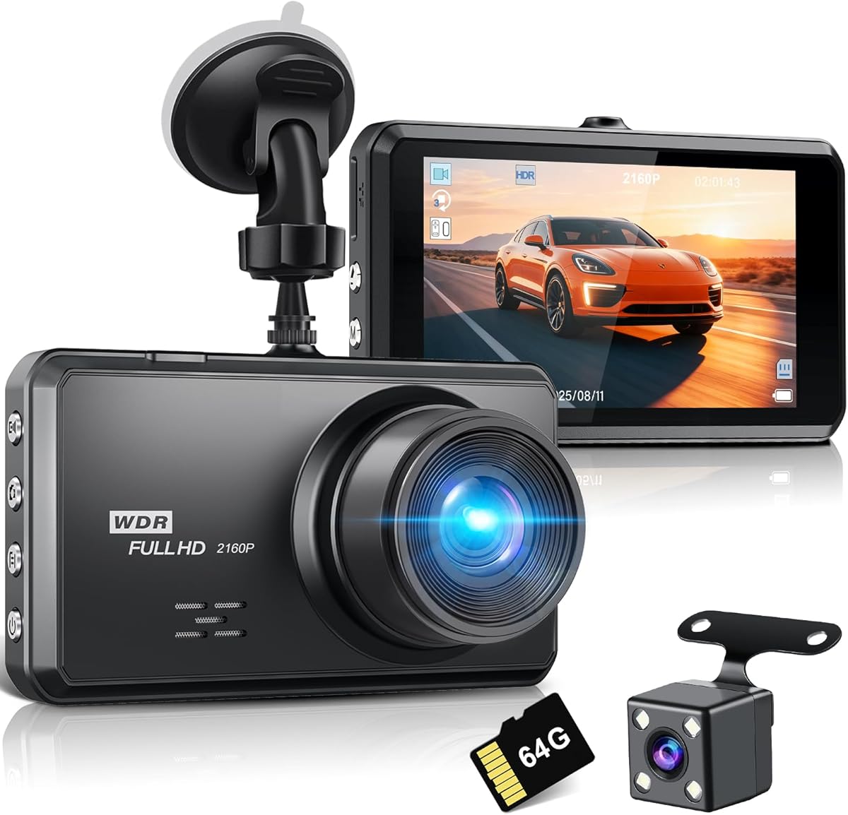 Miden S7 4K Dash Cam Front and Rear, 64G SD Card,2160P+1080P FHD Dual Dash Camera for Cars,176°+160° Wide Angle,3.2'' IPS Screen Dashcam,Loop Recording,G-Sensor,WDR,24H Parking Monitor,Night Vision