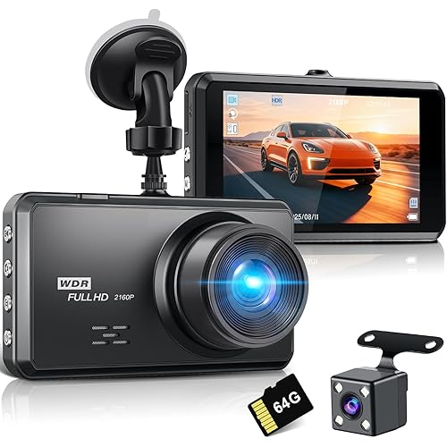 Miden S7 4K Dash Cam Front and Rear, 64G SD Card,2160P+1080P FHD Dual Dash Camera for Cars,176°+160° Wide Angle,3.2'' IPS Screen Dashcam,Loop Recording,G-Sensor,WDR,24H Parking Monitor,Night Vision