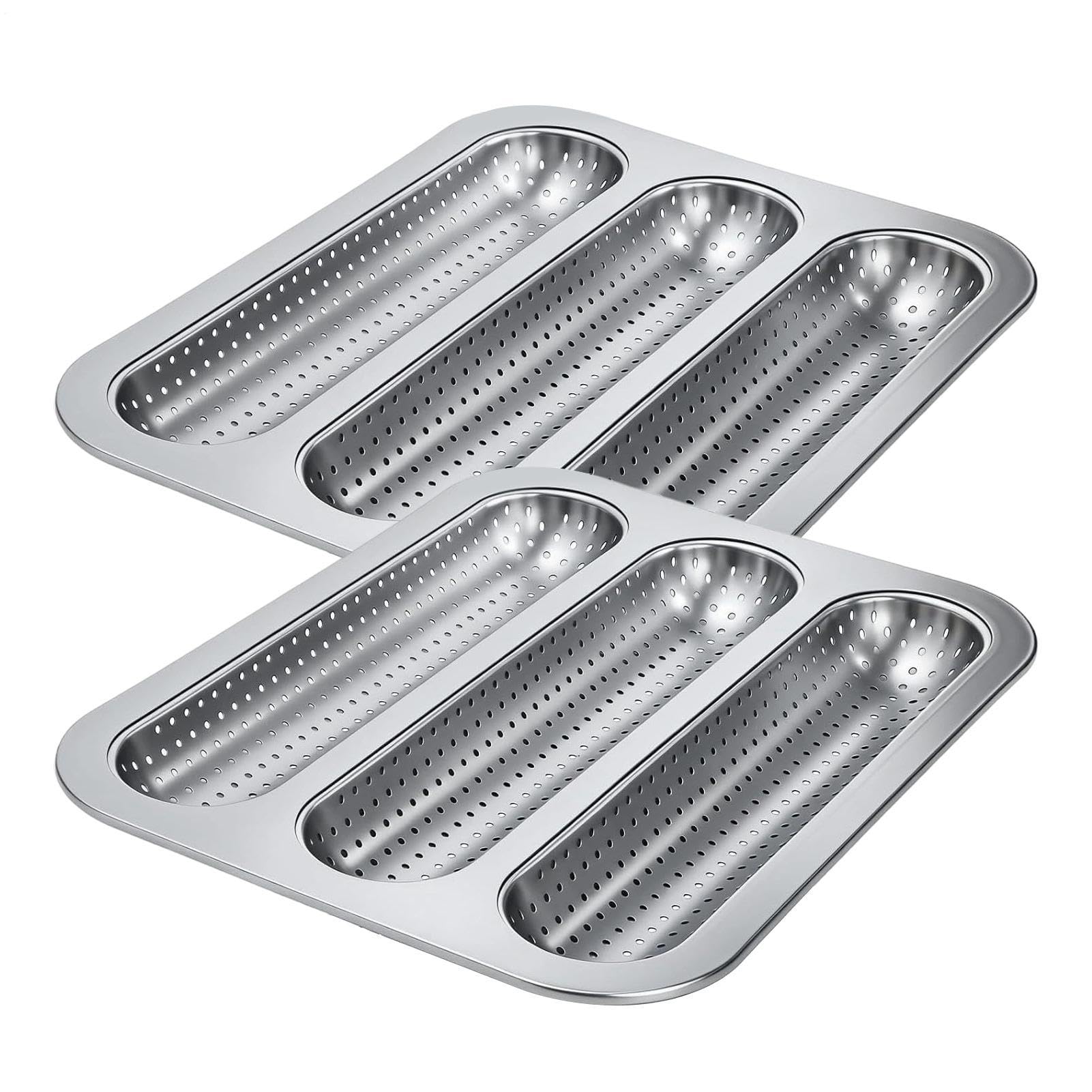 Bandeja De Horno Para Baguettes Molde perforado antiadherente 3 cavidades | 2 Piezas Molde Para Baguette Francesa Cocina en casa y al aire libre preparación diaria comidas y meal prep