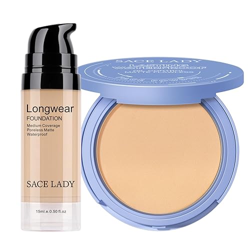 SACE LADY Juego de maquillaje facial de 2 piezas, base mate impecable y polvo prensado de control de aceite, cobertura duradera, kit de cosméticos