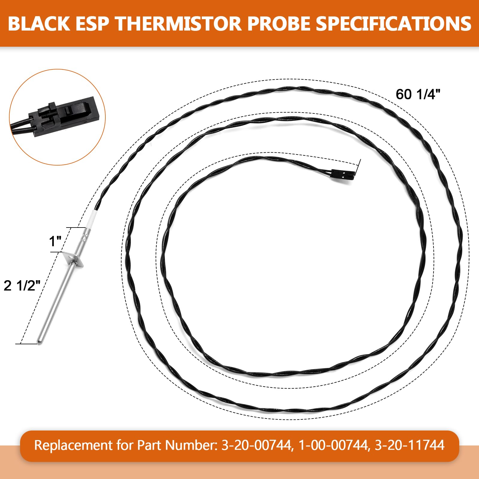 Hiorucet 3-20-00744 Black ESP Thermistor Probe for Harman Accentra, Advance, P38, Invincible, P61, P61A, P68, PC45, PF100, XXV, for Harman Wood & Coal DVC500, Mark I, 44 Magnum, for Heatilator BA100