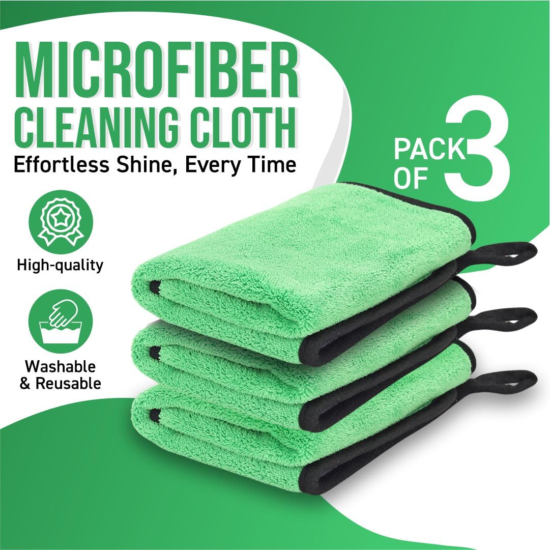 Btag Microfiber Cleaning Cloth, 30x40 cms 600 GSM | Highly Absorbent,Lint and Streak Free, Multi-Purpose Wash Cloth for Kitchen,Car,Window,Stainless Steel,Silverwear (Green_30x40cms) Pack of 3
