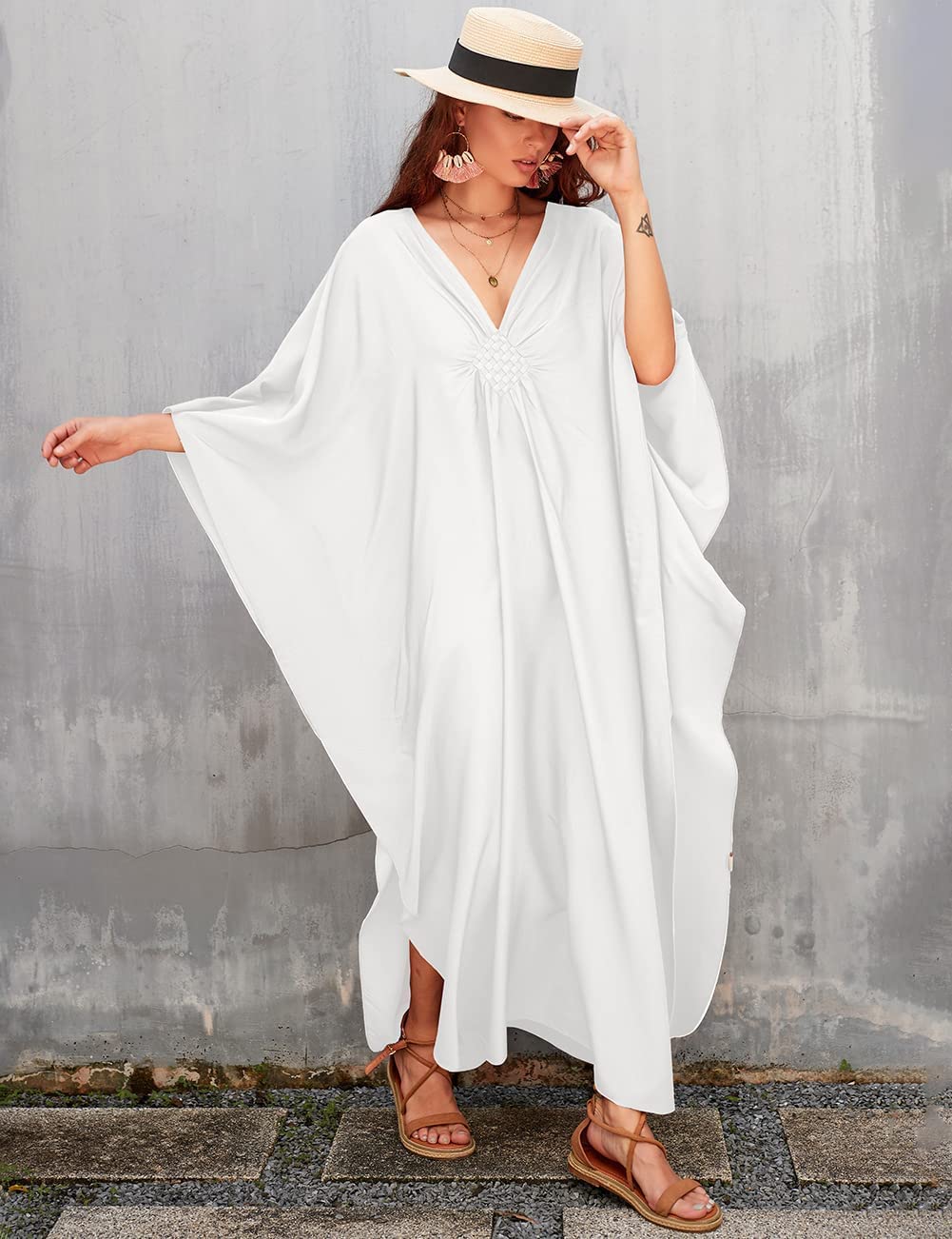 Bsubseach Donna Tinta Unita Coprente con Scollo A V Manica A Pipistrello Plus Size Beach Kaftan Abiti