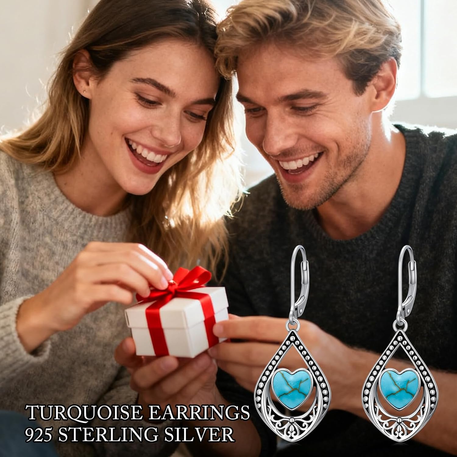 Genuine Turquoise Filigree Earrings 925 Sterling Silver 7mm Heart Natural Genuine Leverback Earrings Jewelry Gift For Women