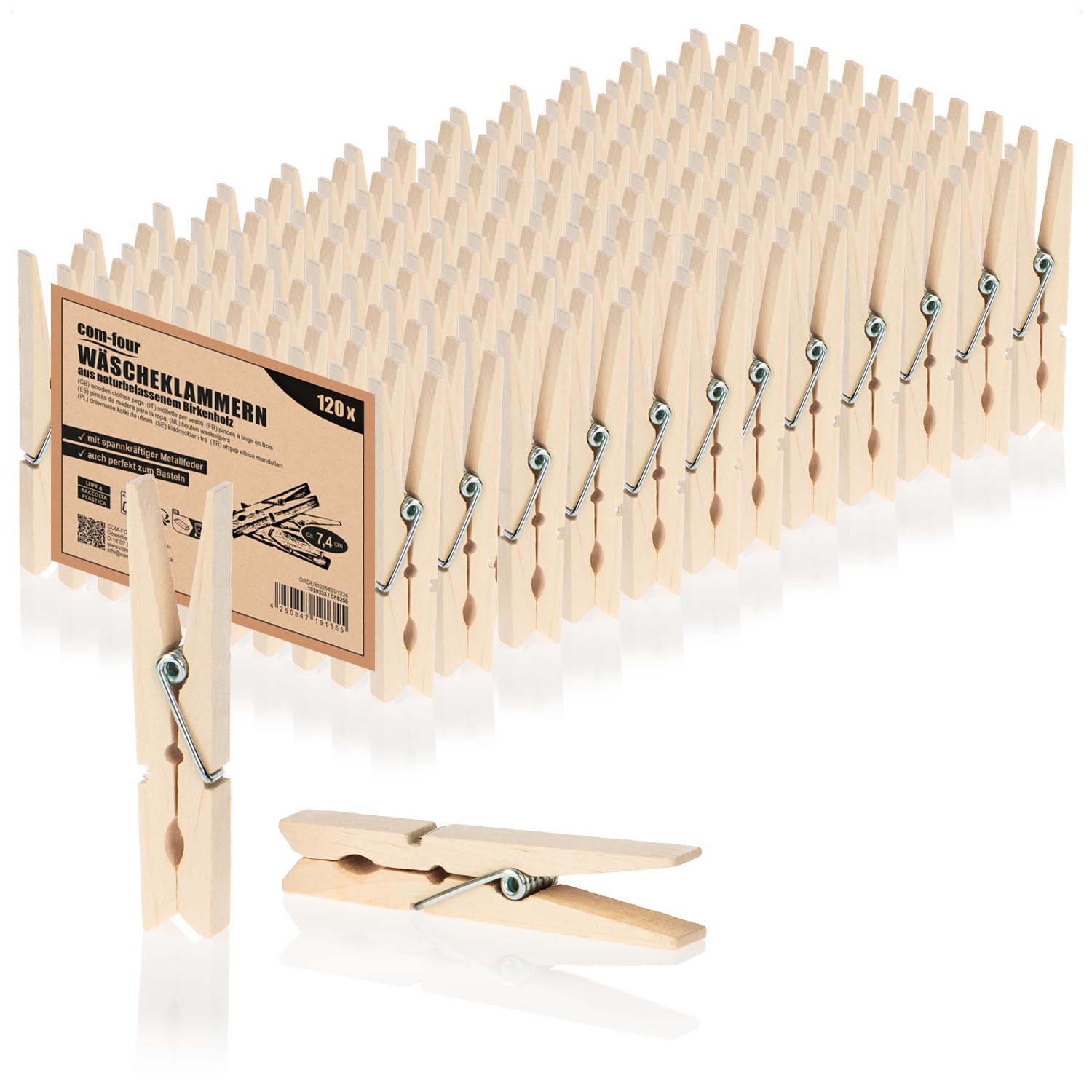 com-four® 120x Wäscheklammern aus Holz - Nachhaltige Holzklammern aus Birkenholz - unbehandelte Holzwäscheklammern zum Wäscheaufhängen und Basteln (120 Stück - Birke)