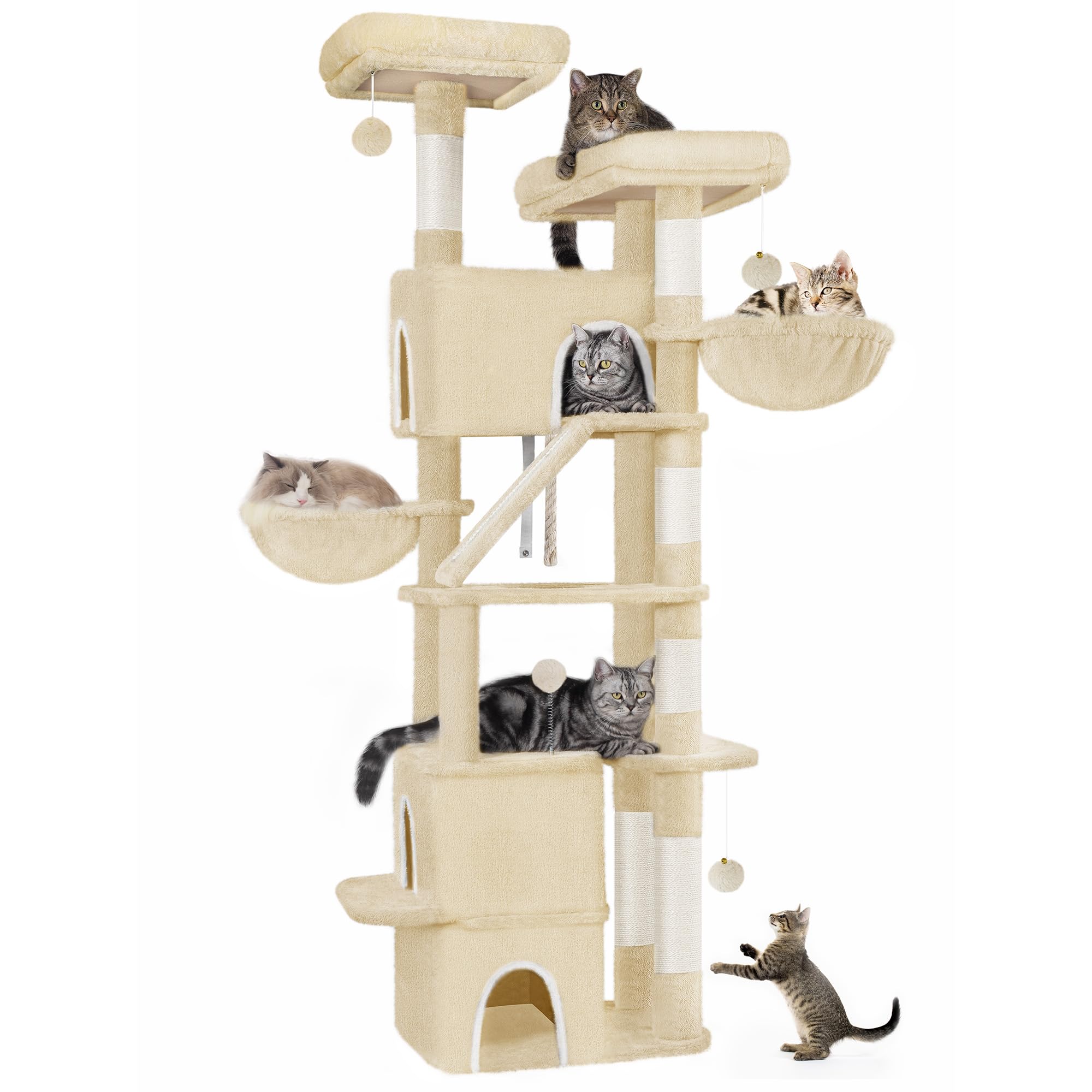 Hzuaneri Cat Tree Model MS18818YL, a tall beige cat tree with multiple levels, scratching posts, and resting areas.