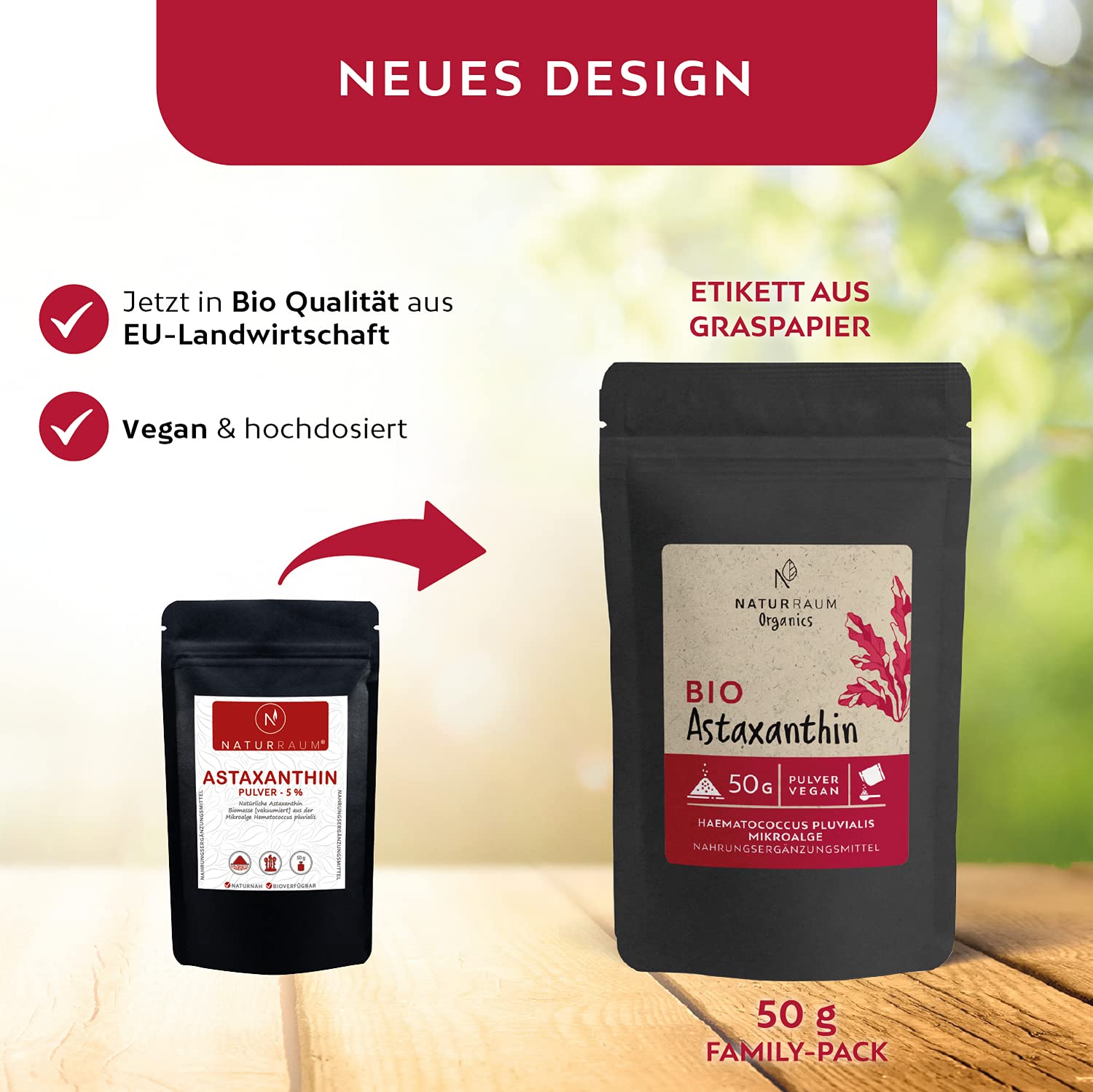 Bio Astaxanthin Pulver hochdosiert I 50g I Vakuumiert I Vegan I natürliches Antioxidant aus Haematococcus Pluvialis Mikroalgen I Dosierhilfe zum Dosieren von 8 mg, 12 mg & 16 mg I ohne Zusätze (50g)