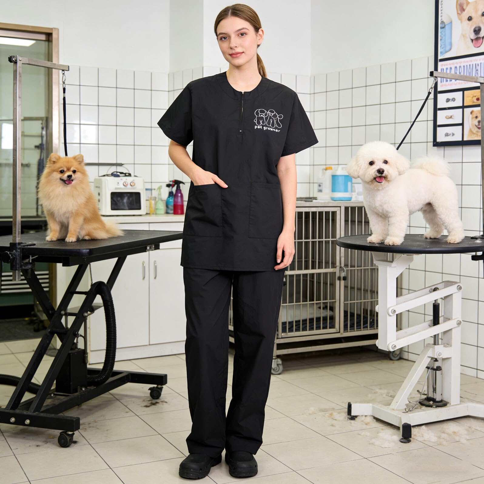 Blouse de Toilettage Imperméable et Antistatique pour Hommes et Femmes, Polyester Respirant, Manches Courtes, Taille XL, pour Salon de Toilettage Animaux