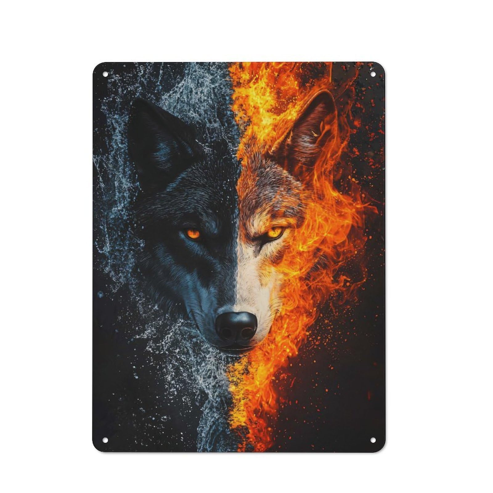 Junmoney Style-18 40X30cm Retro Tin Sign With Fire And Water Wolf For Lounge Or Reading Corner, A Decorative Metal Sign For Lounges And Reading Corners