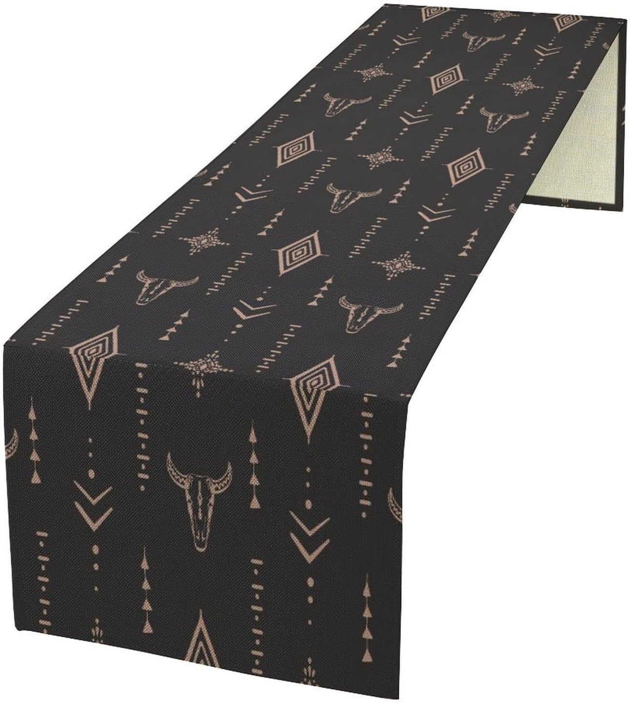 Western Cow Skull Table Runner,Vintage Western Boho Style Aztec Cow Ethnic Background Minimalist Pattern Printed Linen Table Runner for Home Kitchen Dining Table Decoration,13x120 Inch