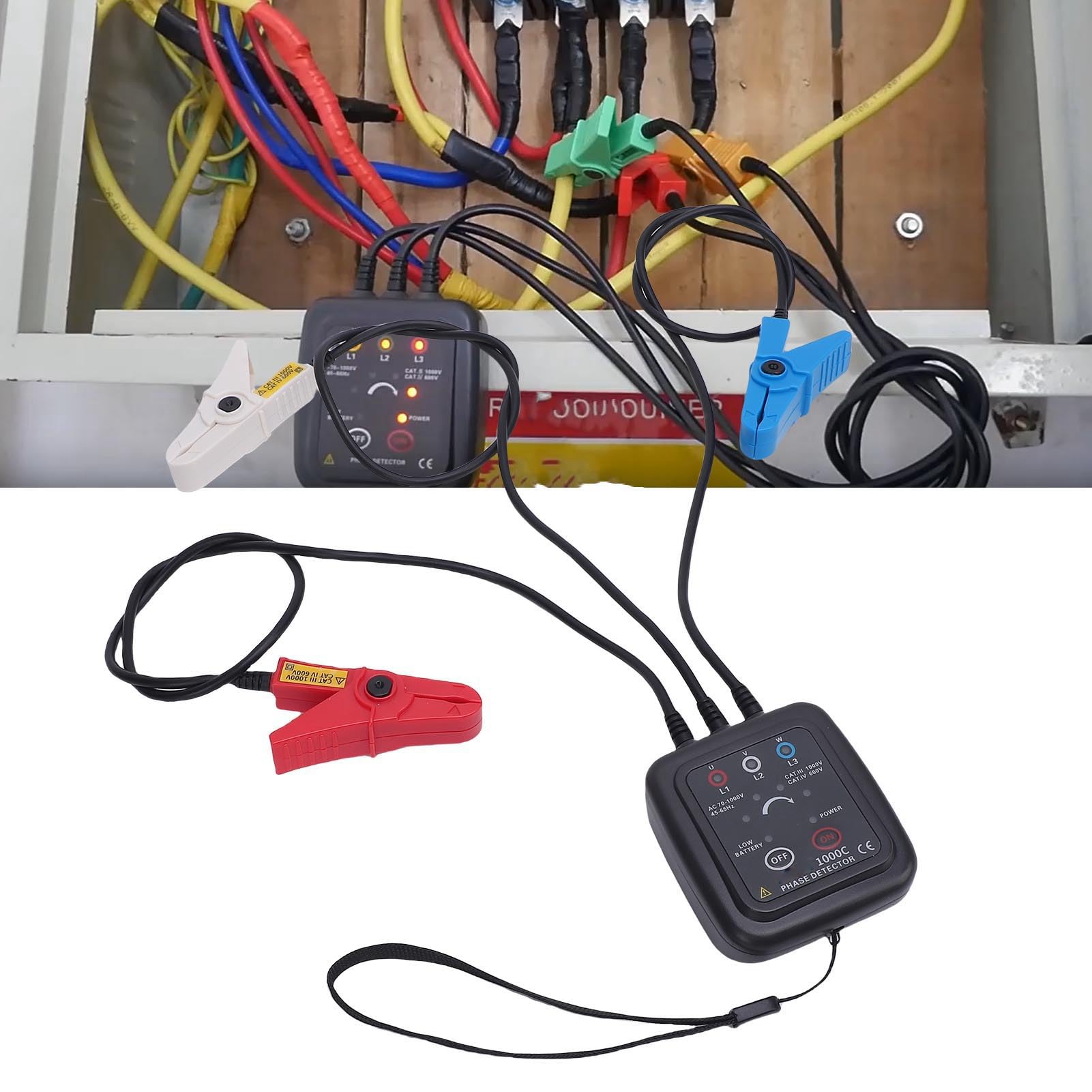 AMONIDA Tester Kolejności Faz Bezdotykowy Miernik do Kontroli Elektrycznej AC70-1000V 3-fazowy Detektor dla Elektryka Torba na Narzędzia