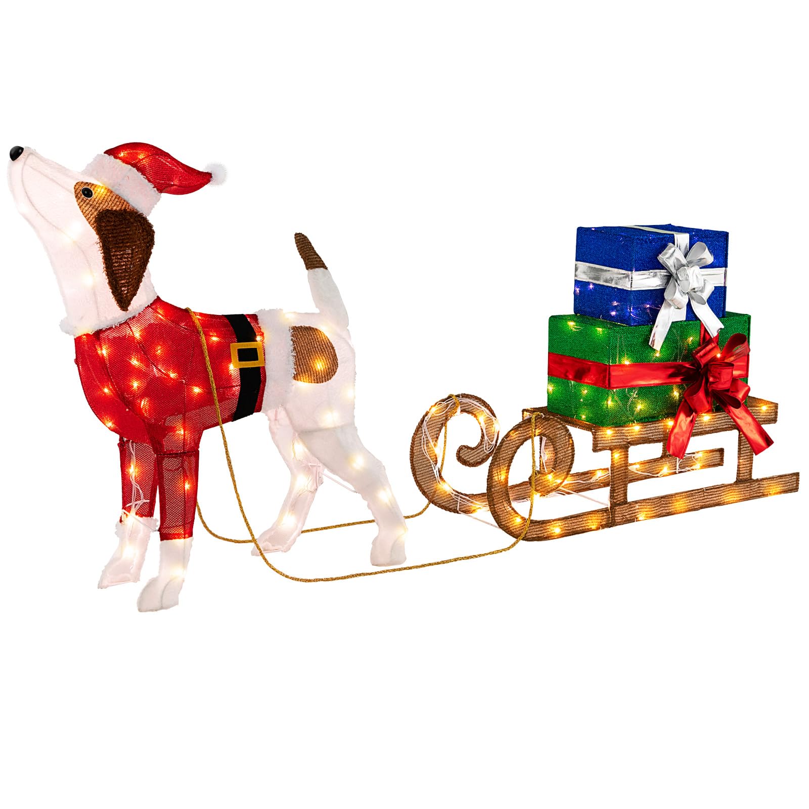 FANTASK Hundeschlitten und Geschenkbox mit 170 warmen LED-Lichtern, Weihnachtsdeko Hund mit Schlitten, Weihnachtsdekoration für außen und innen
