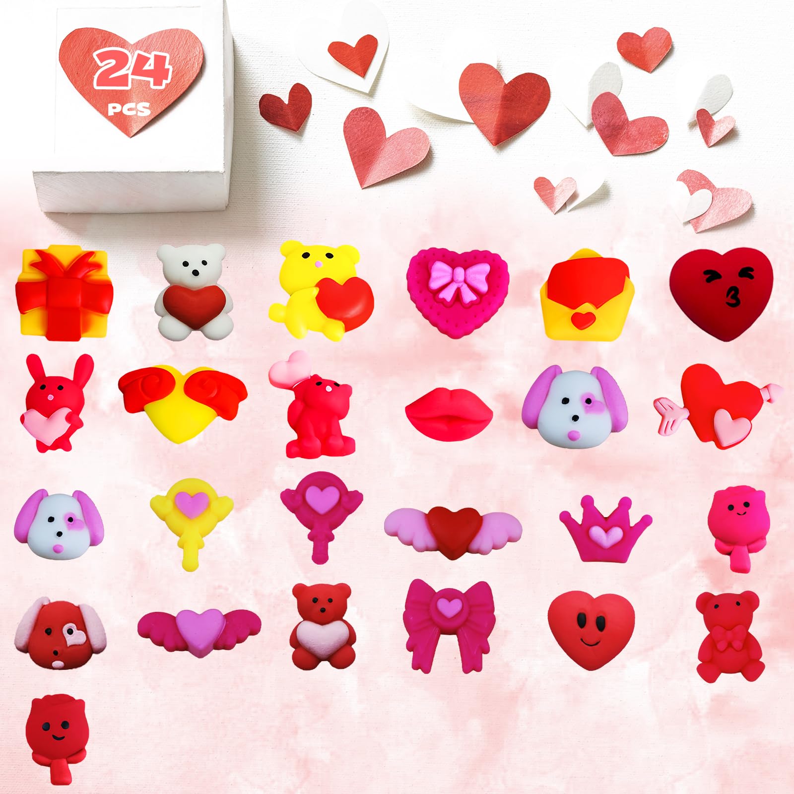 Amyang 24Pcs Valentines Day Mochi Squishy Toys Squishies for Kids School Class Classroom Valentines Day Cards Gifts Prizes Party Favors
