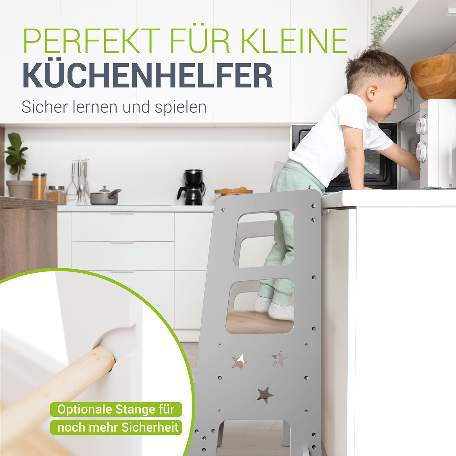 Juskys Lernturm Henny - für Kinder ab 1 Jahr, Stehhilfe, 3-Fach höhenverstellbar, Umkippschutz, Küchenhelfer - Weiß