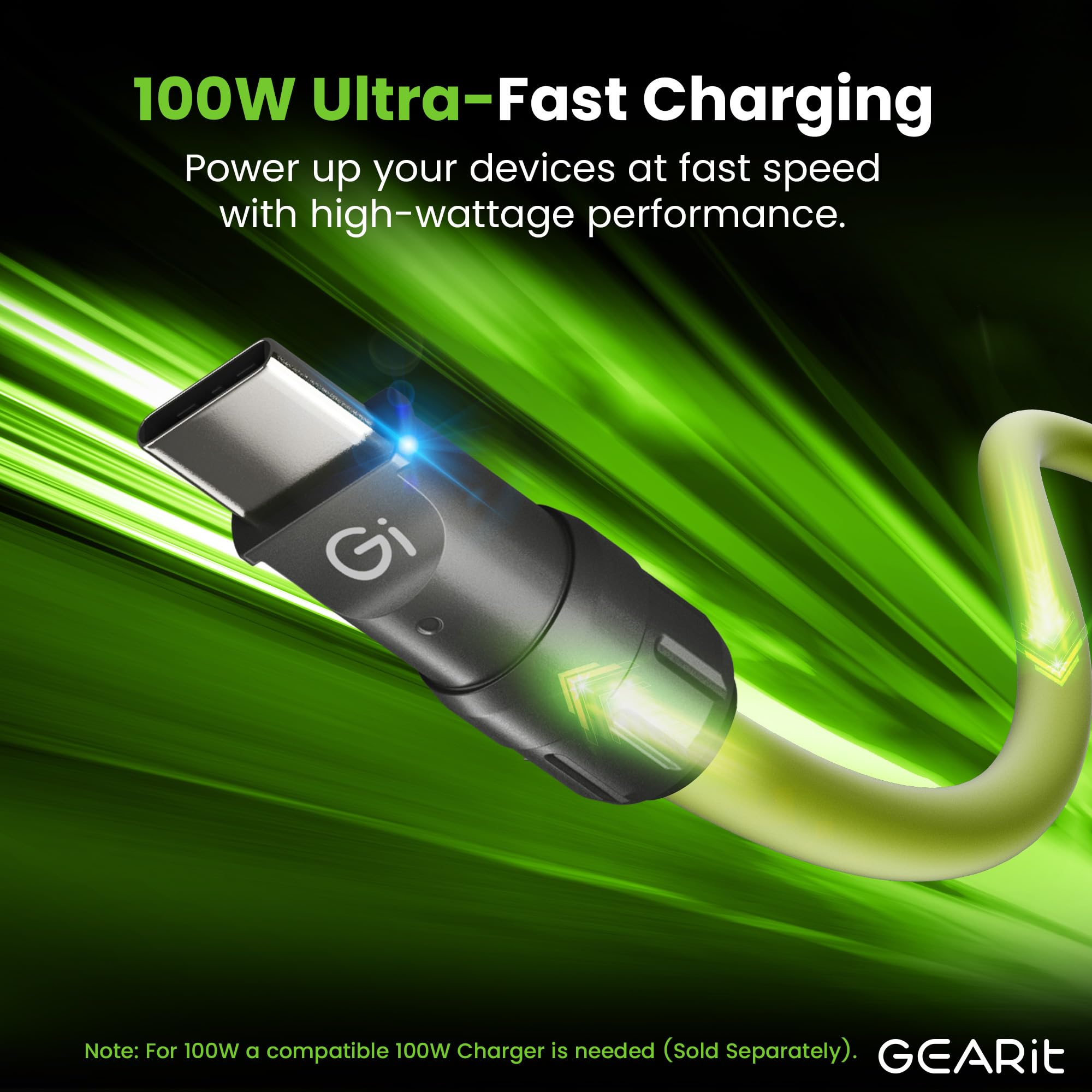 GEARit Câble de charge 4 en 1 100 W en silicone USB-C à charge rapide avec connecteurs USB-A et Lightning - Cordon de charge universel multi-appareils compatible avec iPhone, MacBook Pro, 1,8 m, vert