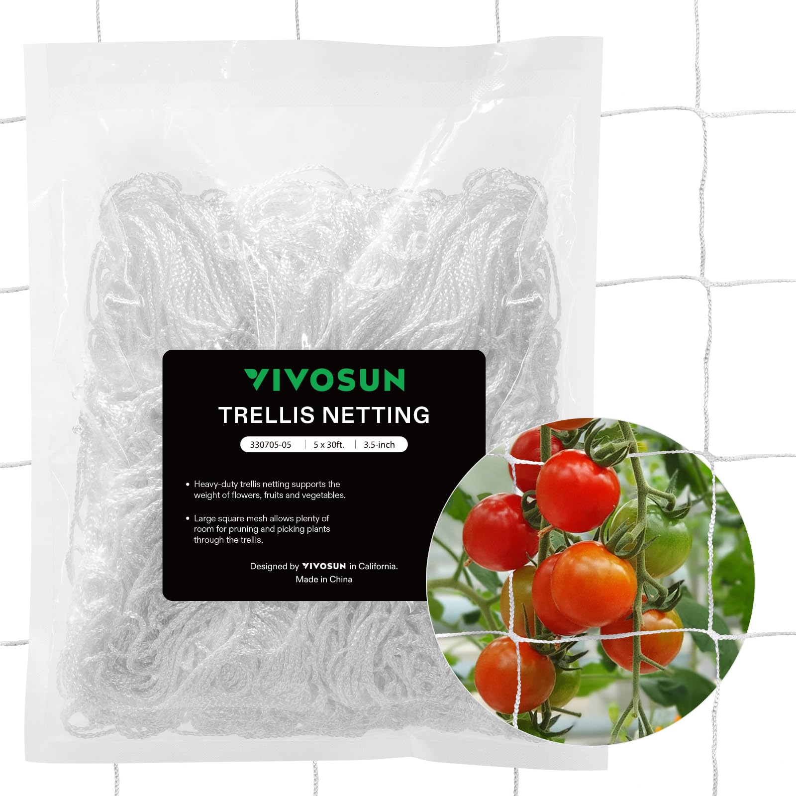 VIVOSUN 5 x 30 ft. Plant Trellis Netting, Heavy-Duty Polyester Grow Net, Garden Trellis Netting with Square Mesh for Climbing Plants, Vegetables, Fruits, and Flowers, 1-Pack