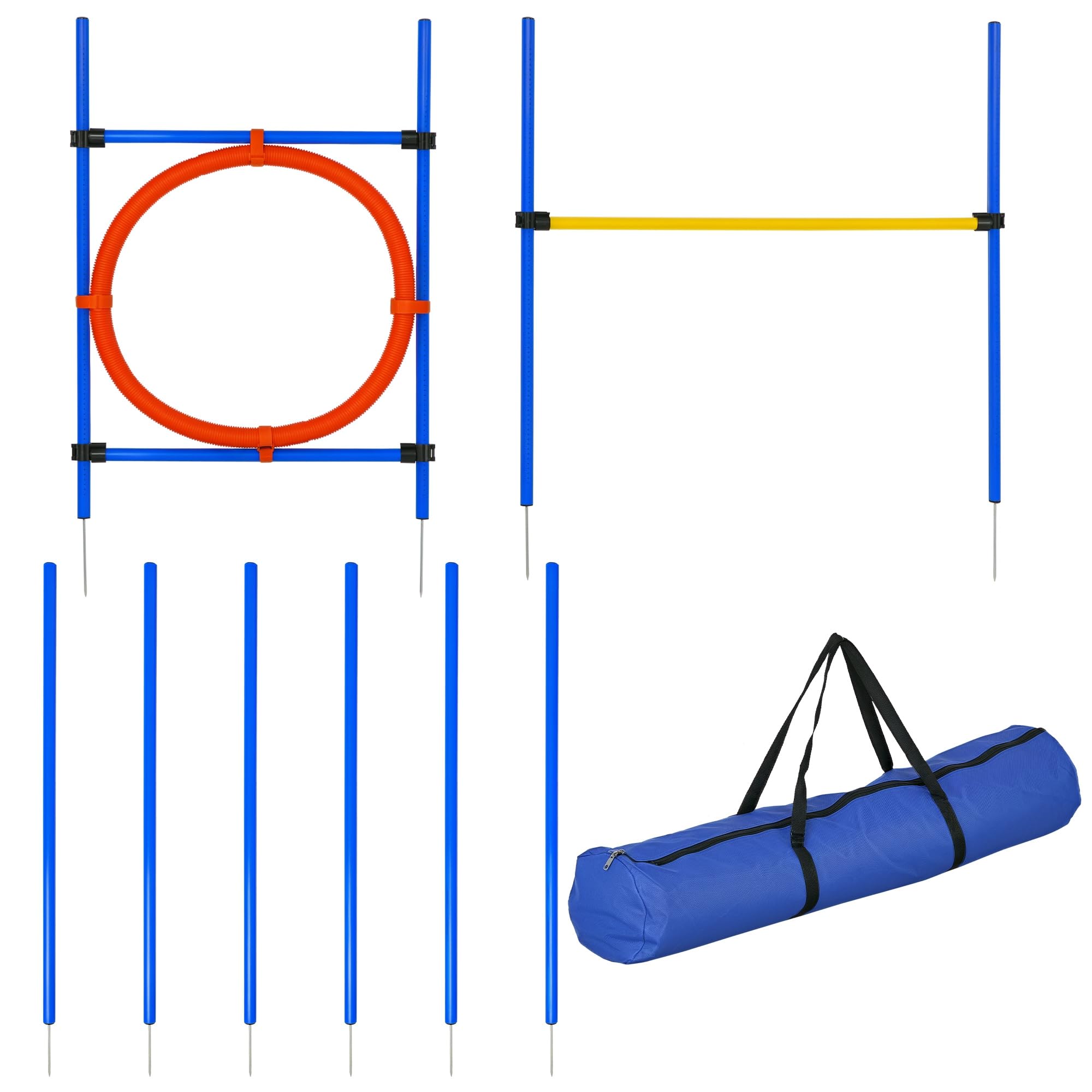 PawHut Agility Sport pour Chiens équipement Complet : poteaux Slalom, Obstacle, Anneau + Sac de Transport Bleu Jaune Rouge