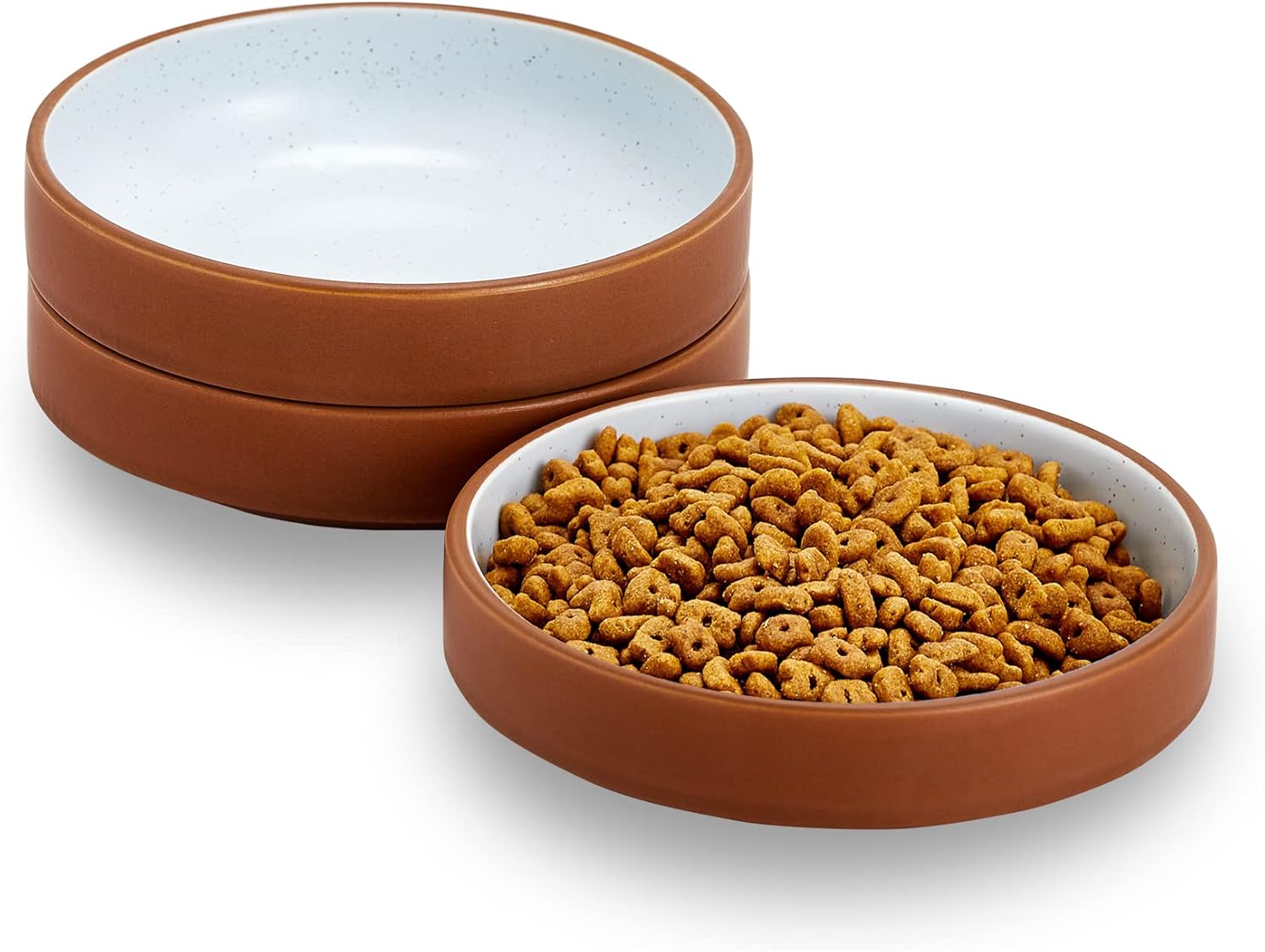 cottagecore 5 in ceramic cat dishes, whisker stress free cat food bowl set of 3, ceramic cat bowls small pet bowls cat dishes for food and water, terracotta+blue