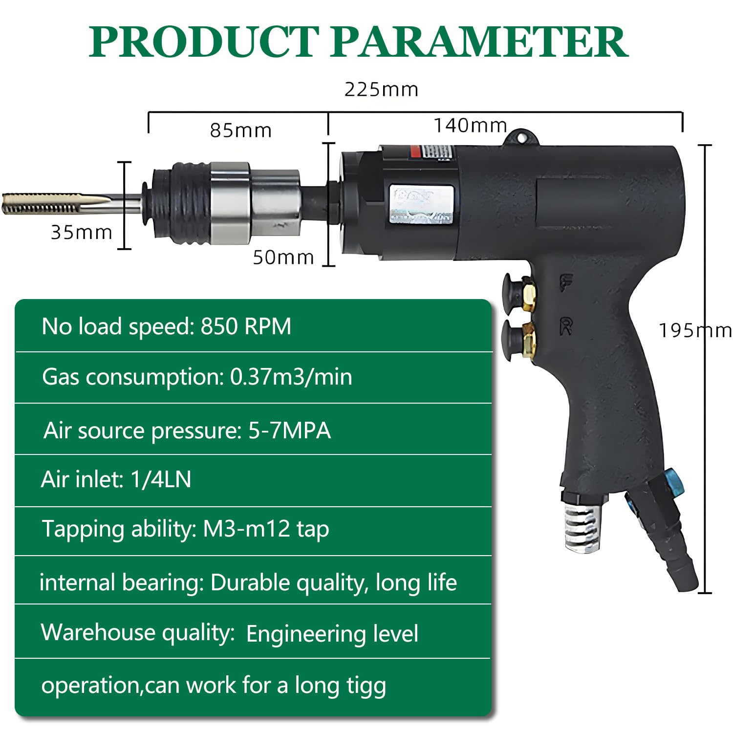 Roscadora neumática de Mano de Grado Industrial, Herramienta neumática, Capacidad M3-M12 con 6 Mandriles, 850 RPM, para Acero, Hierro, Cobre, Aluminio y plástico.