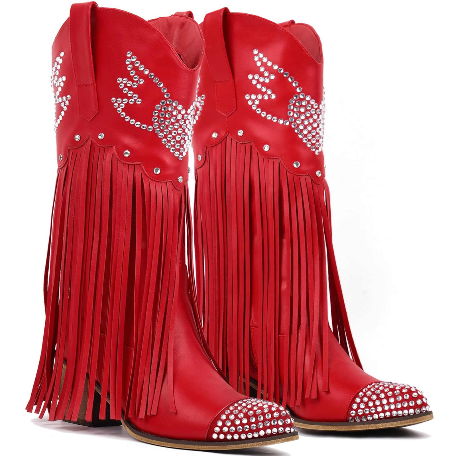 Yolkomo Cowboy Boots for Women Red Cowgirl Boots with Fringe Rhinestone Hearts Mid Calf High Pointed Toe