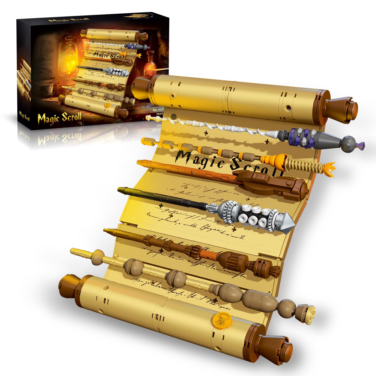 Assembled HIGH GODO Magic Wand Scroll Building Set with six wands displayed.