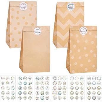 KASZOO Brown Paper Bags Pack of 40 Kraft Paper Bags Gift Bags Paper Brown Bags with 90 Stickers in German Paper Bag for Wrapping Gifts Giveaways Childrens Birthday Party