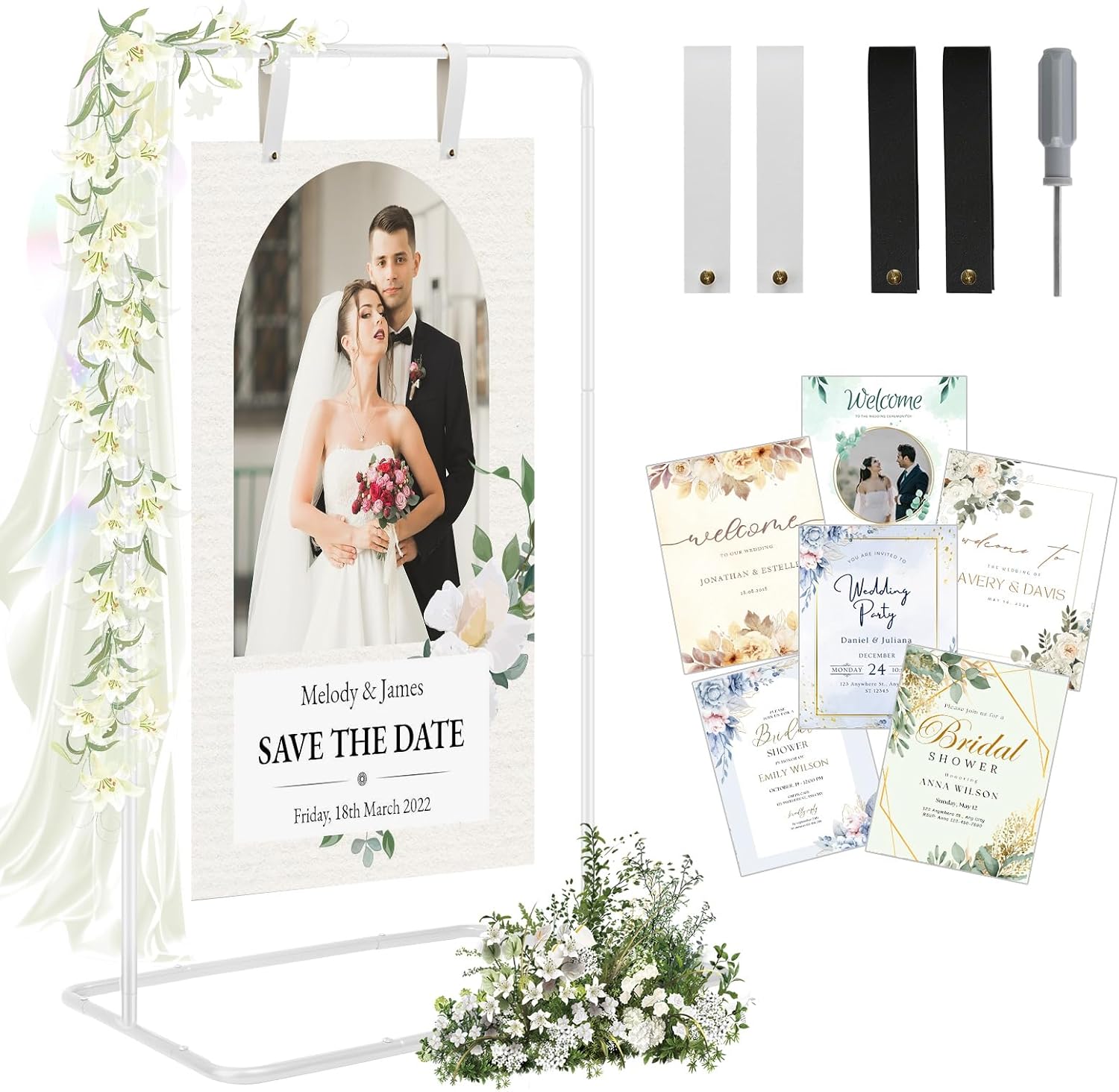 Elegant White Wedding Easel Stand, Adjustable 30x20x68 in Welcome To Our Wedding Sign Display Stand with 39 Premium Templates&Leather Straps, Sturdy Display for Wedding, Birthday, Anniversary