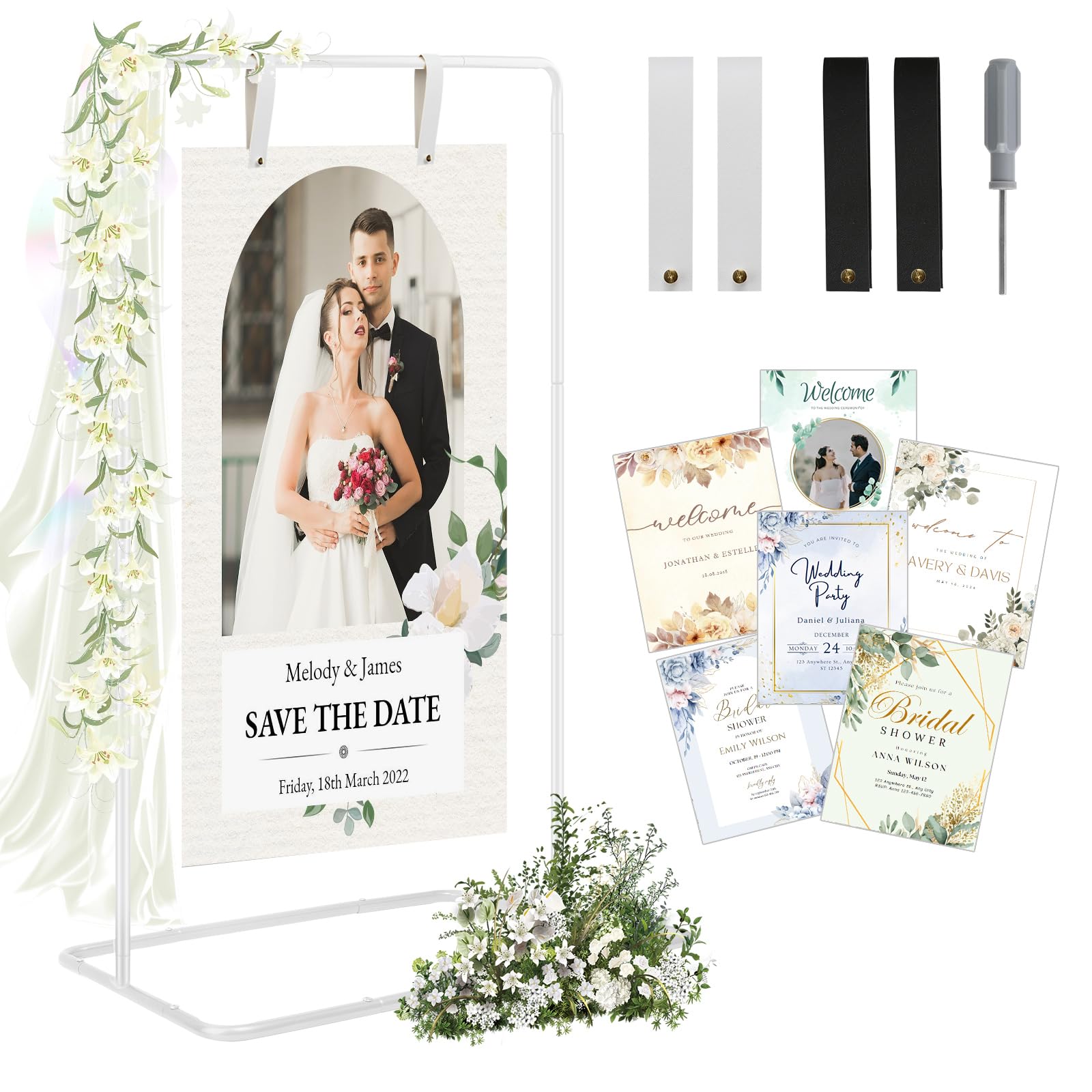 Photo 1 of RARTOP Elegant White Wedding Easel Stand, Adjustable 30x20x68 in Welcome To Our Wedding Sign Display Stand with 39 Premium Templates&Leather Straps, Sturdy Display for Wedding, Birthday, Anniversary