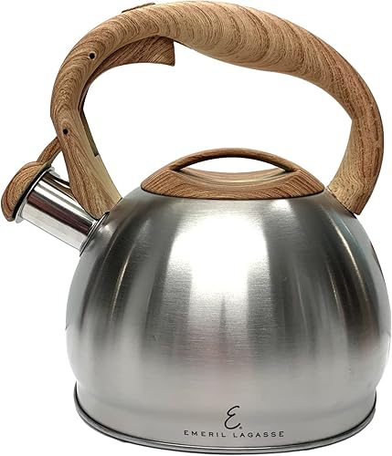 Emeril Lagasse Hervidor de té silbante de 3.2 cuartos de galón  3 litros, olla silbante de acero inoxidable para estufa de inducción, agua de hervir