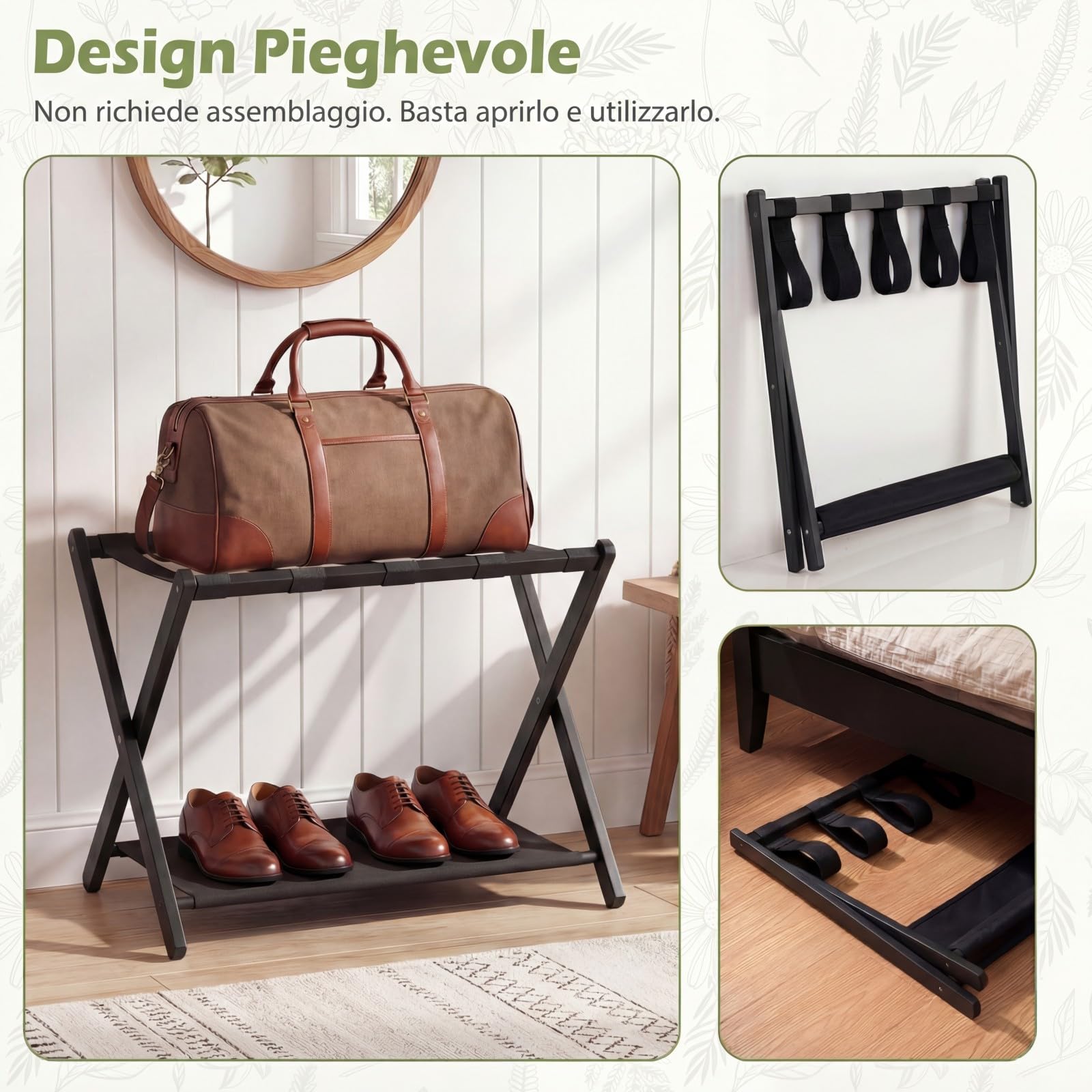 COSTWAY 2 Pz Portavaligia Pieghevole in Bamboo con Cinghie, Tessuto Oxford, Portata 65 kg, Nero