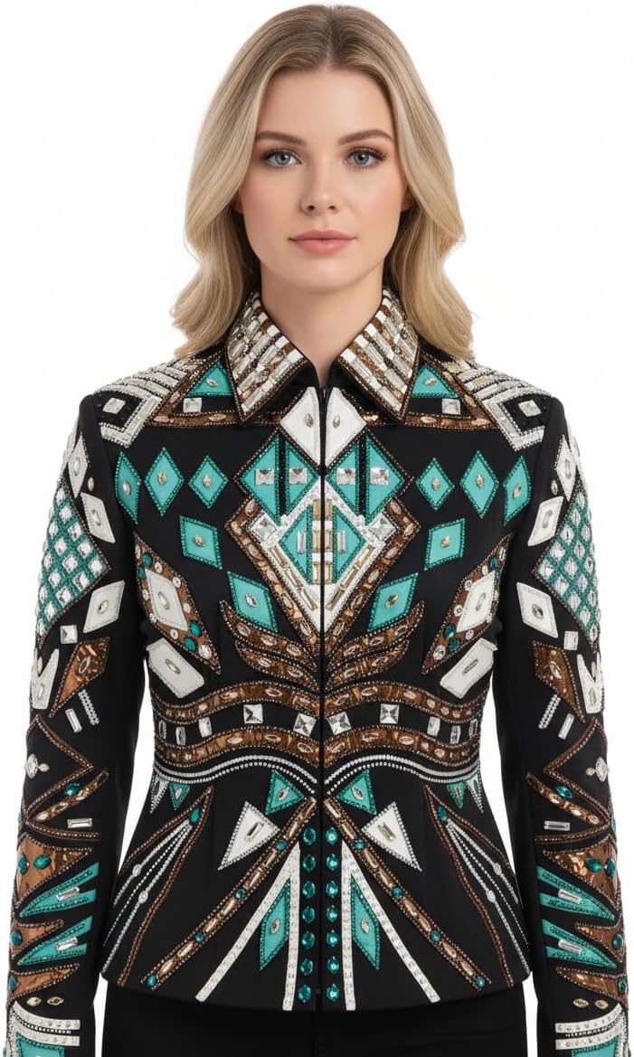 Western Women's black with seagreen Showmanship Jackets Glass Stone Embedded Fabric Handmade Embroidery Equestrian Outfit