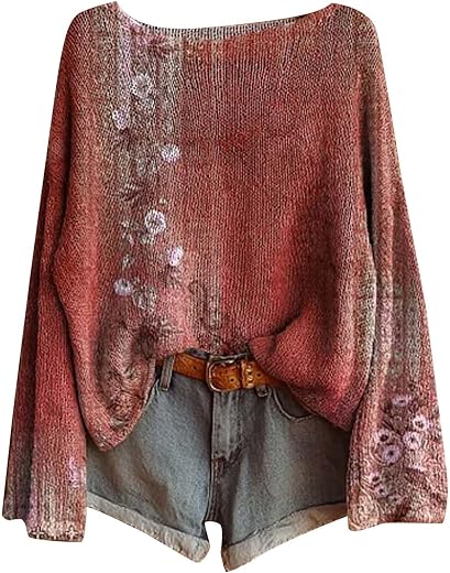 Womens Boho Oversized Sweater 2025 Vintage Ethnic Cute Graphic Pullover Tops Baggy Fall Long Sleeve Floral Blouses