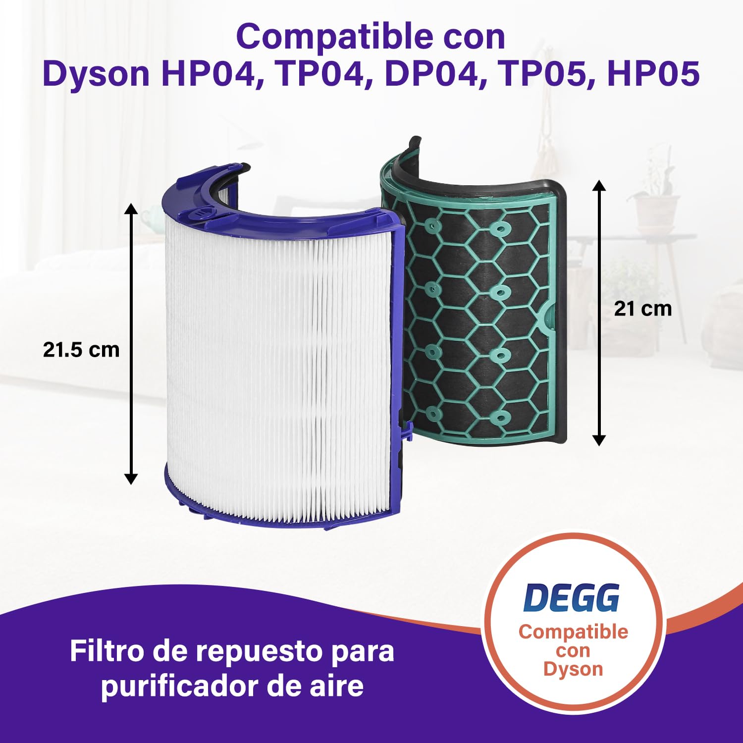 DEGG Filtro Hepa - Compatible con Purificador de Aire Dyson Pure Cool + Pure Hot HP04 TP04 DP04 TP05 HP05, Filtro Hepa y de Carbón Activado