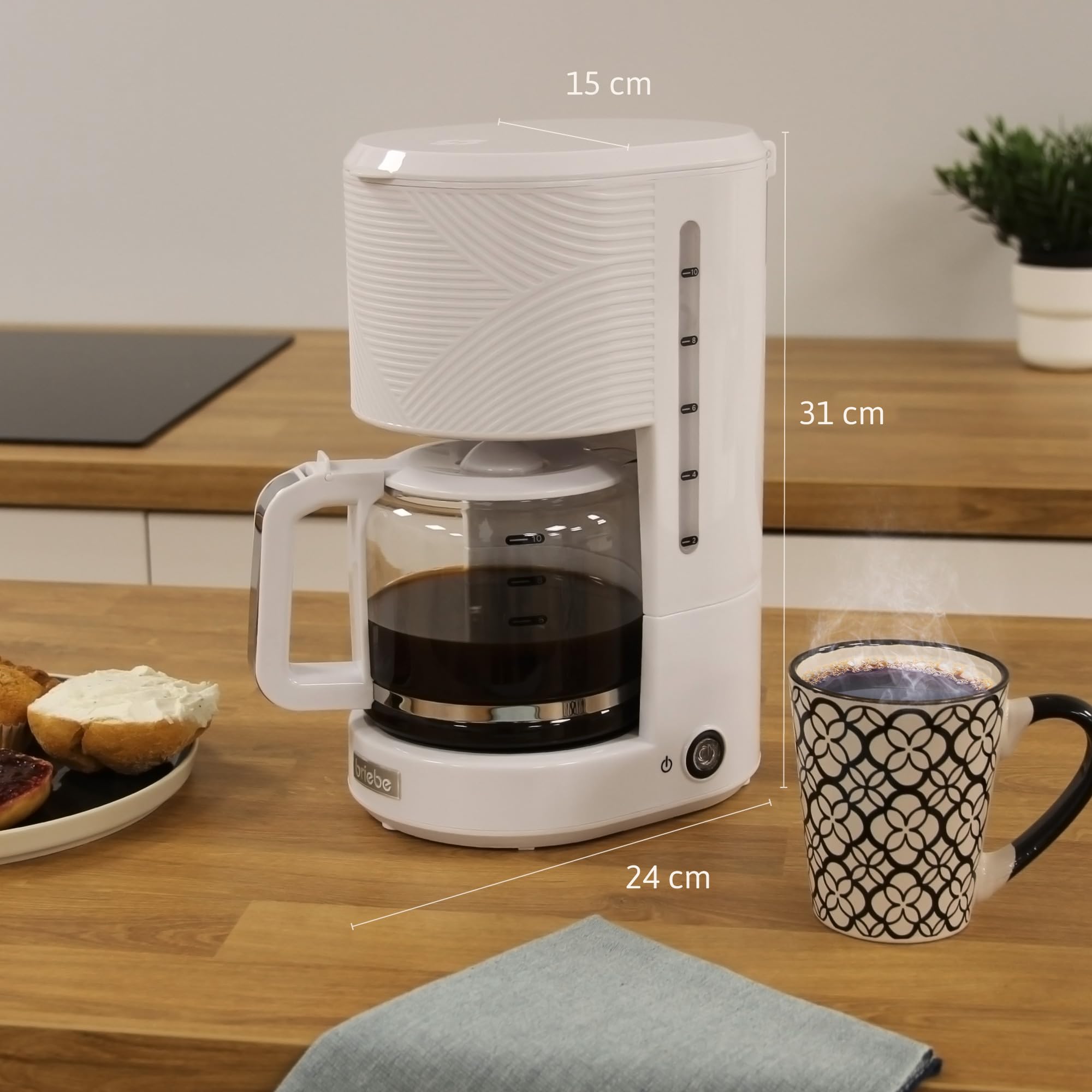 briebe Elegance Cafetera Goteo 10 Tazas Máquina de Café Filtro Permanente Reutilizable, Función Mantener Caliente, Sistema Antigoteo 1,25L, Blanco