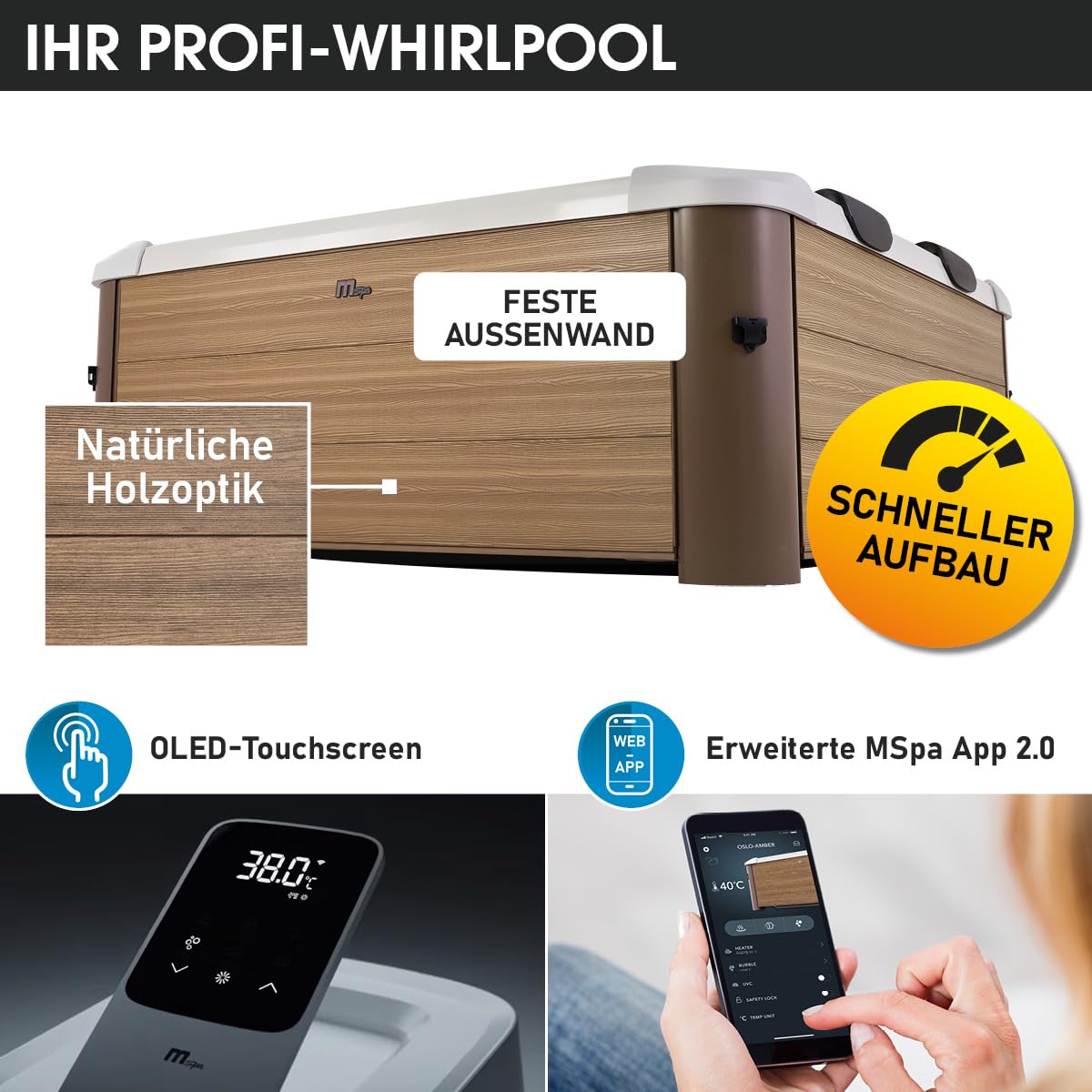 BRAST Whirlpool MSpa Oslo Amber mit Fester Außenwand | LED-Beleuchtung in 20 Farben für 6 Personen | 160x160x65cm | 120 Massagedüsen | Ganzjähriger Einsatz Winterfest | In & Outdoor Pool
